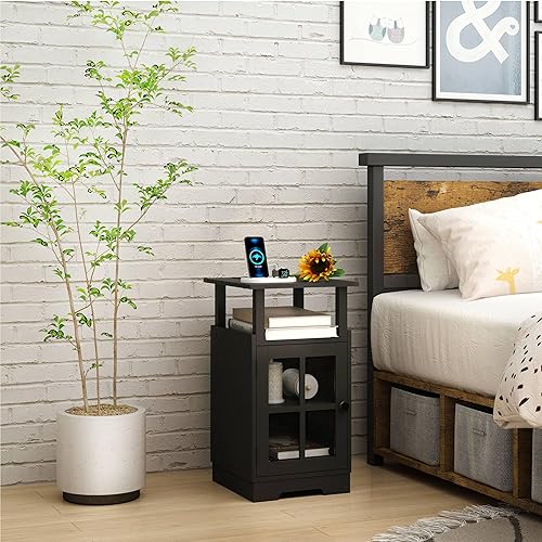 Miniatura 4 de Mesita de noche con estación de carga, mesa auxiliar con puertos USB y tomas, mesita de noche con almacenamiento para dormitorio, sala de estar,