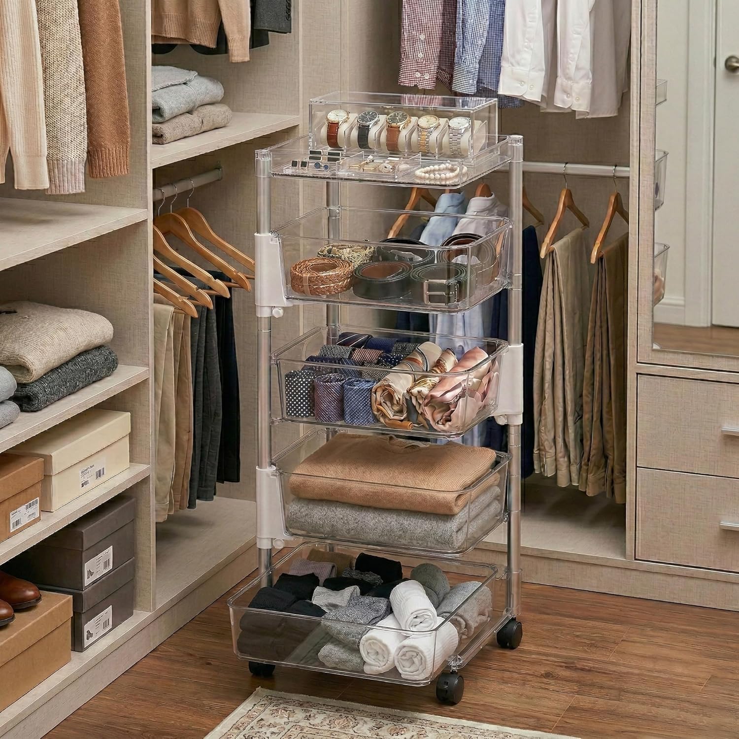 OnDisplay 360° Rotating Clear Storage Trolley – Multi-Tier Rolling Acrylic Utility Cart for Vanity, Craft Room, Pantry, Office & Bathroom – Mobile Multipurpose Organizer Rack for Makeup, Kitchen,