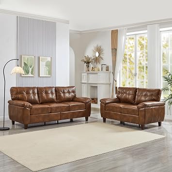 Modern Living Room Sofa Set, Loveseat and 3 Seater Couch with Armrest, Faux Leather Sofa with Storage, Upholstered Breathable PU Leather Couch Sets, Easy to Assemble, Brown