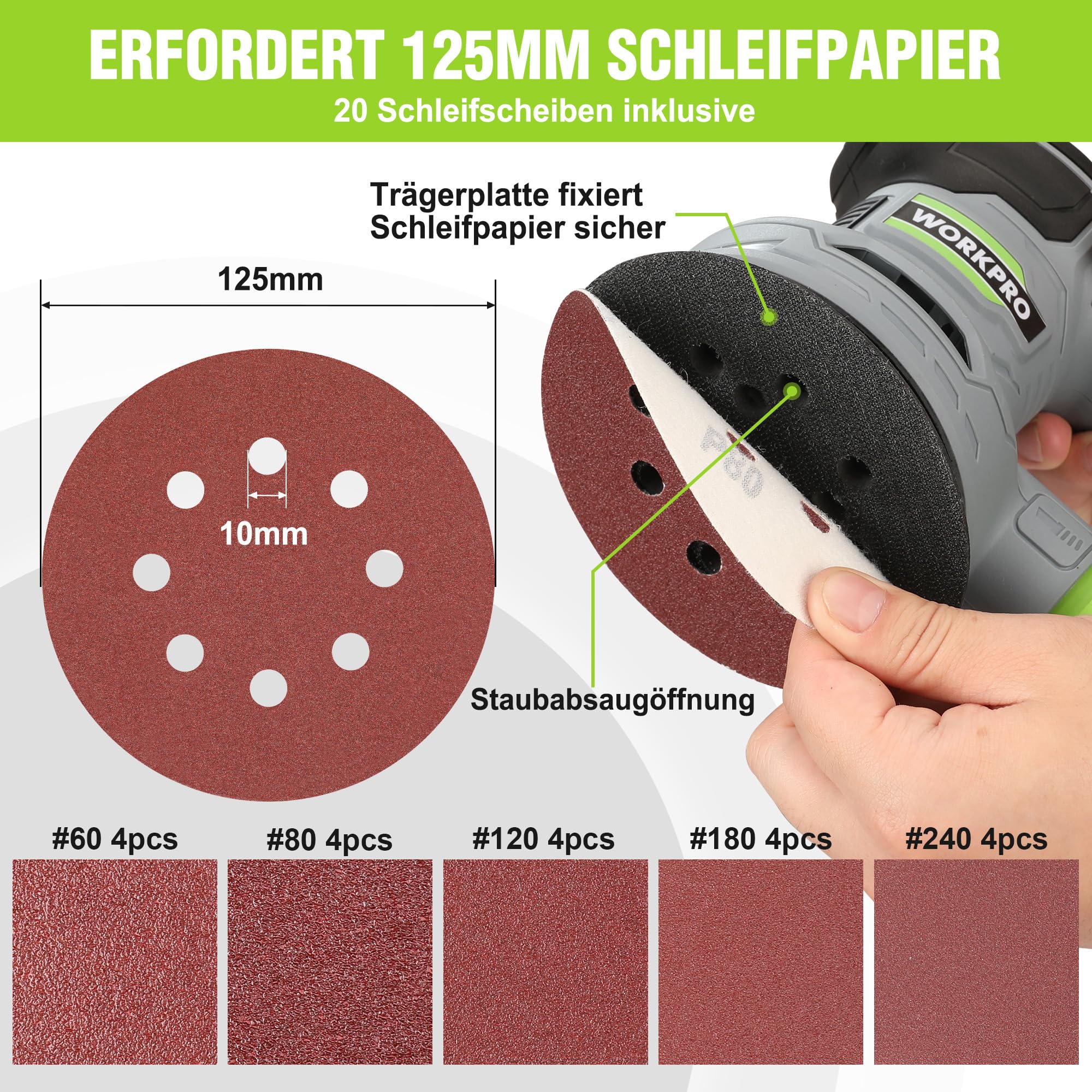 WORKPRO Exzenterschleifer 125mm, 300W Schleifmaschine 7000-13000 OPM, Multischleifer mit Absaugung und Staubbehälter, Schleifgerät inkl. 20 Stück Schleifpapier