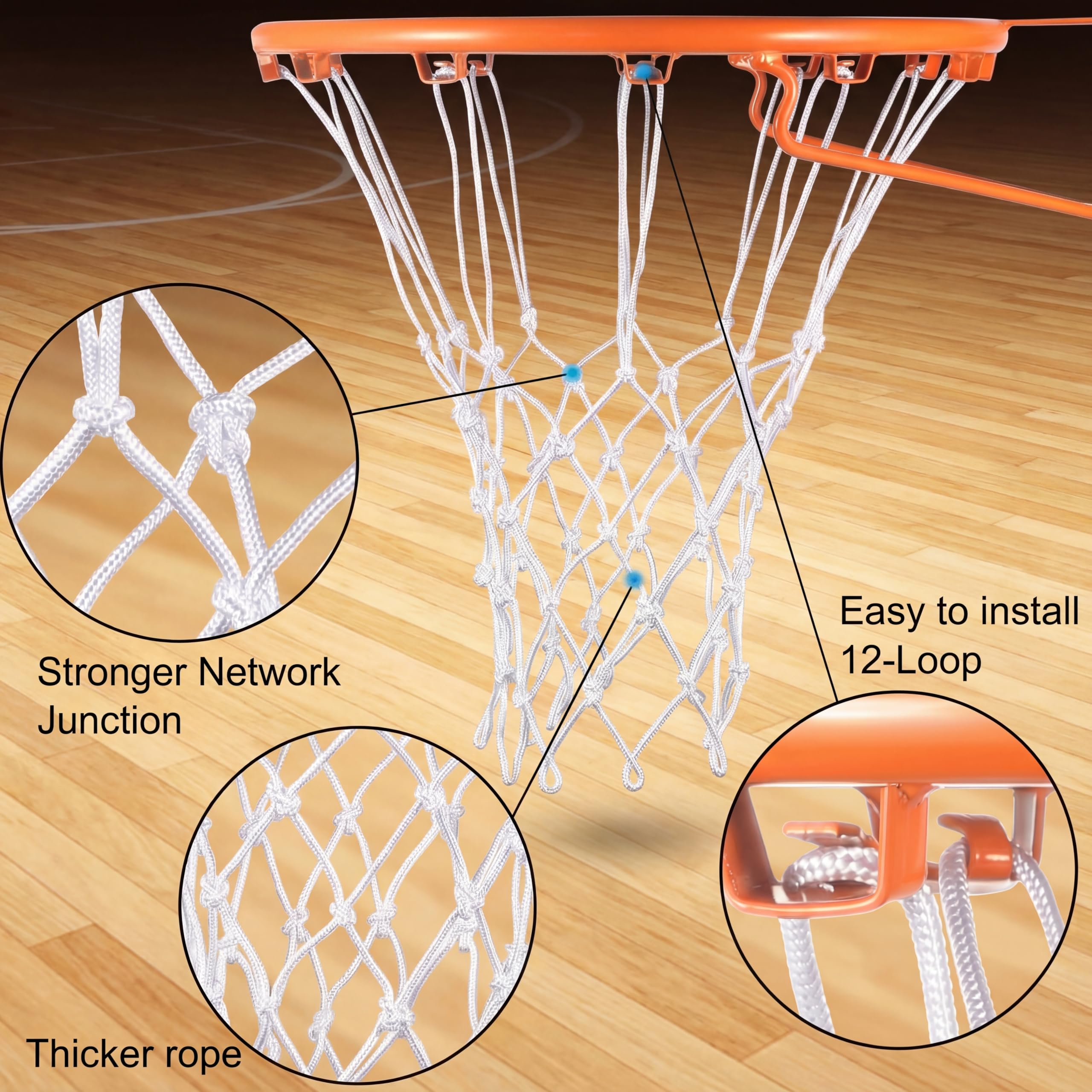 Syhood - Filet de basket-ball de rechange pour tous les temps, compatible avec les paniers de basket-ball standard d'intérieur ou d'extérieur, 12 boucles