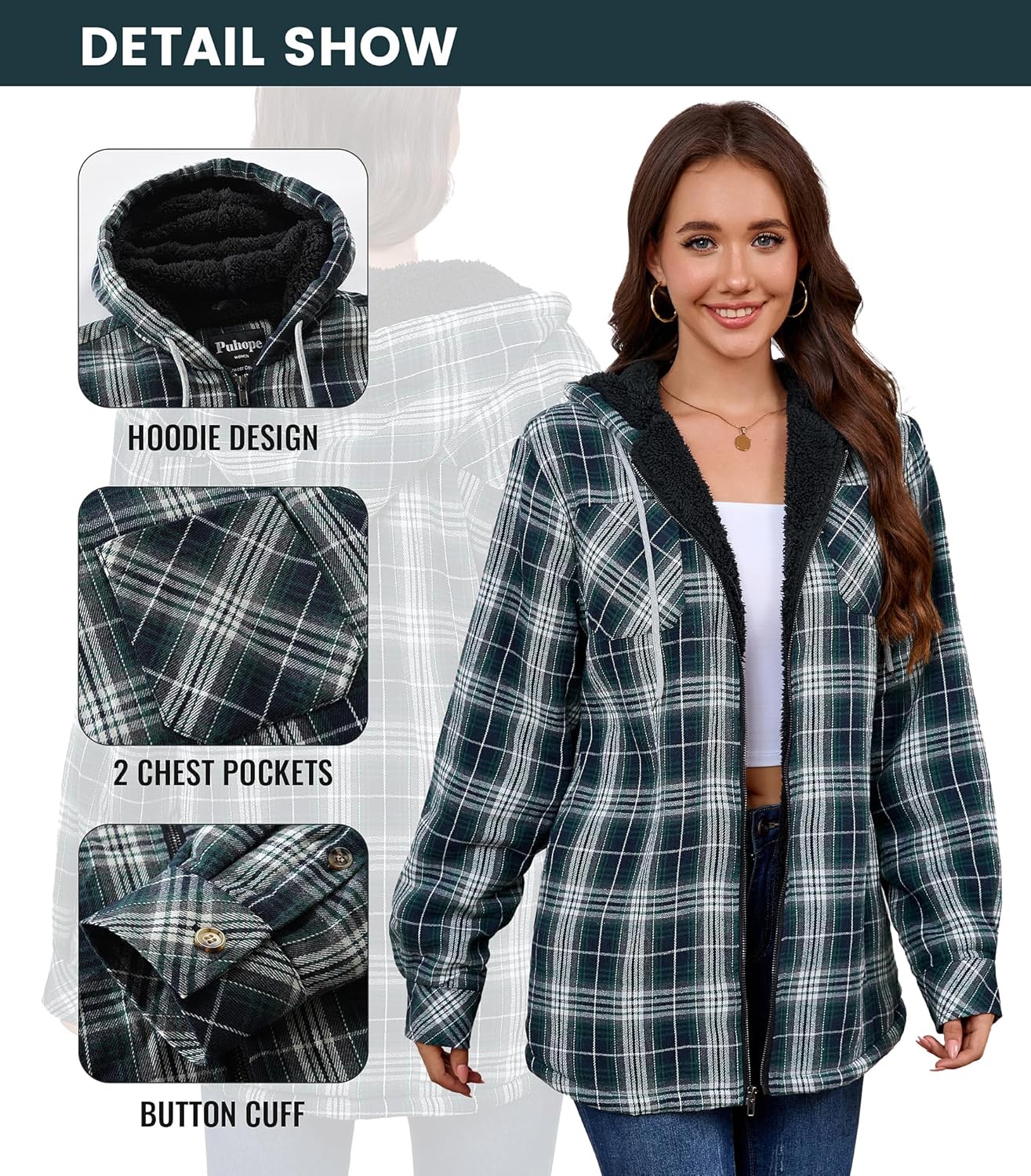 Womens Fleece Lined Jacket Fleece Zip Up Jacket Flannel Plaid shirt jacket Full Zip Hoodies for Women - Image 5