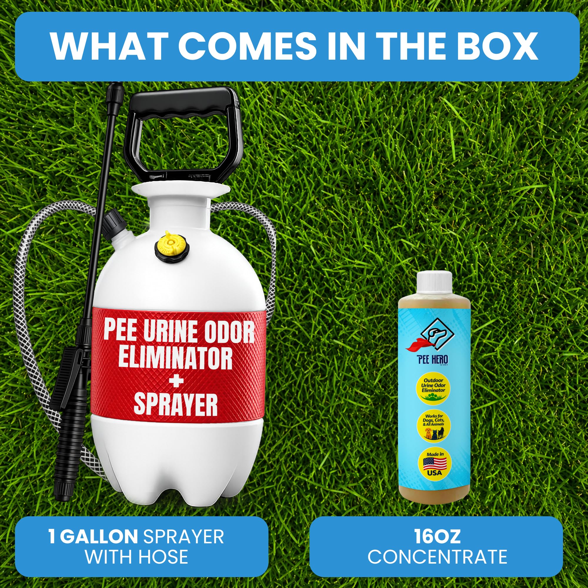 Pee Hero - Concentrado eliminador de olores de orina de mascotas, pulverizador de 1 galón y concentrado de 16 onzas (hace una solución de 2 galones) | Desodorante de patio para orina de perro y caca |