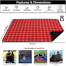 BRAWNTIDE Large Outdoor Waterproof Blanket - Thick Tartan Plaid Fleece, Warm, Windproof, Sandproof, Ideal for Camping, Parks, Grass, Hiking, Travel, Includes Stuff Sack, Shoulder Strap (Plaid Red)