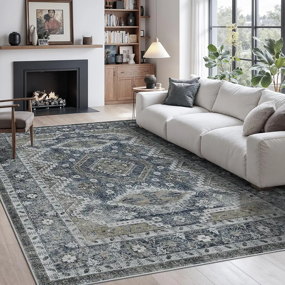 Rugland Tapete 3x5 – Tapete lavável resistente a manchas, tapetes antiderrapantes para sala de estar, tapetes de área tribal persa boho (TPR07-azul-marinho, 91,5 x 1,5 m)