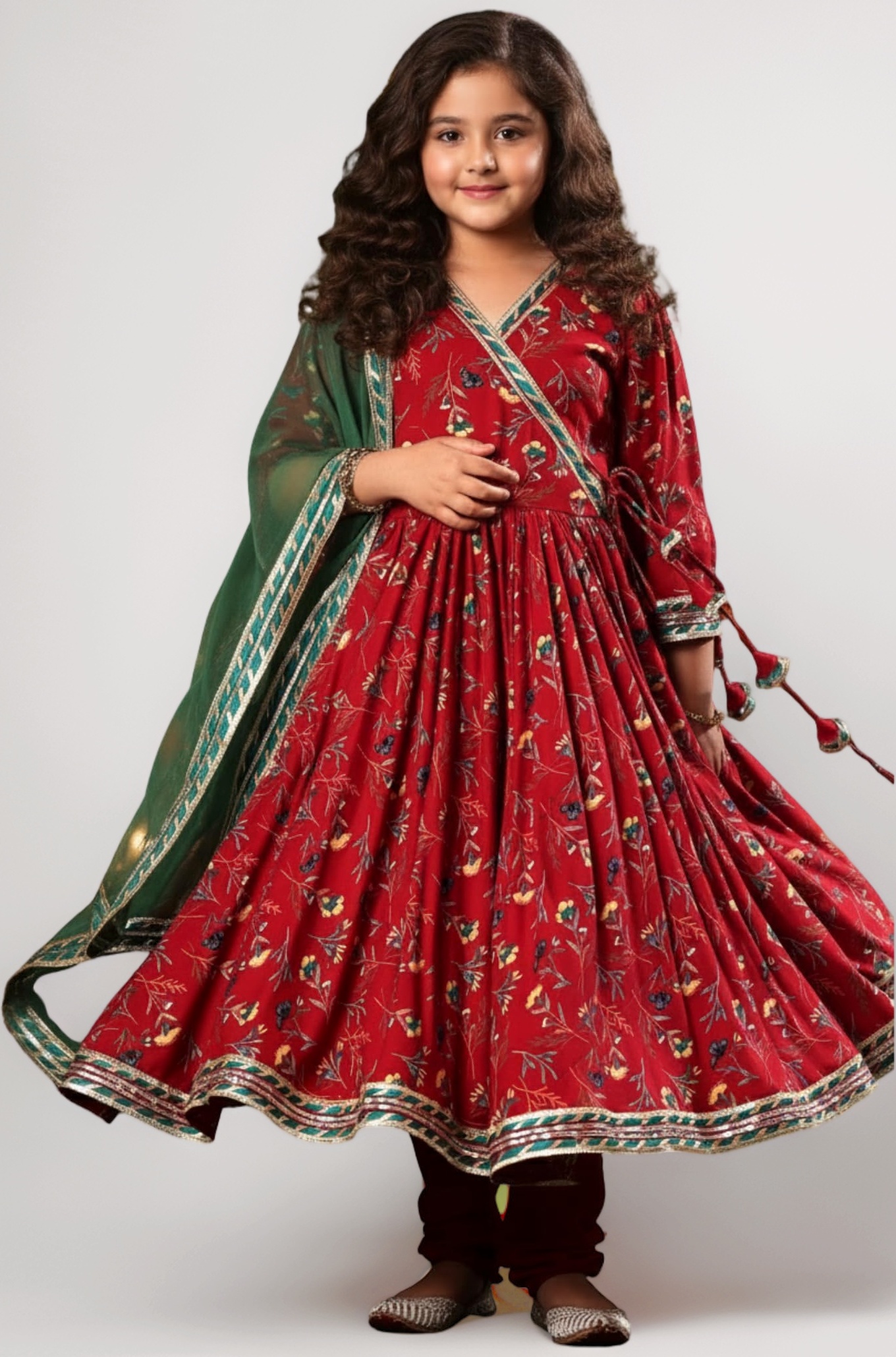 Naixa Girl's Rayon Blend Floral Pattern Anarkali Dress Payjama Dupatta Set with 3/4 Sleeve V- Neck and Drawstring Closure Type| Kurta Sharara Set for Girl's