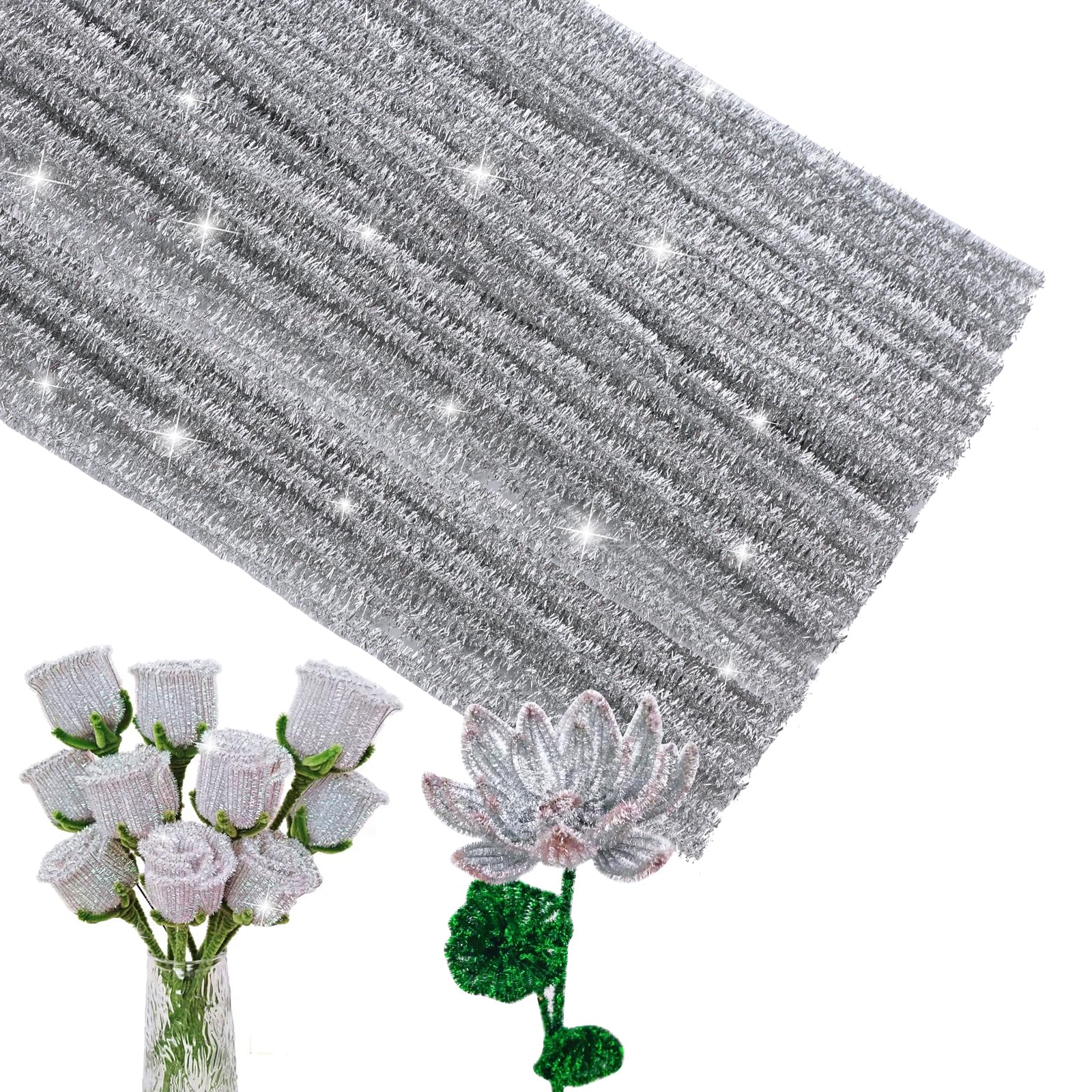 ZXIIXZ 100 Pcs Pipe Cleaners, Glitter Silver Pipe Cleaner Craft Supplies
