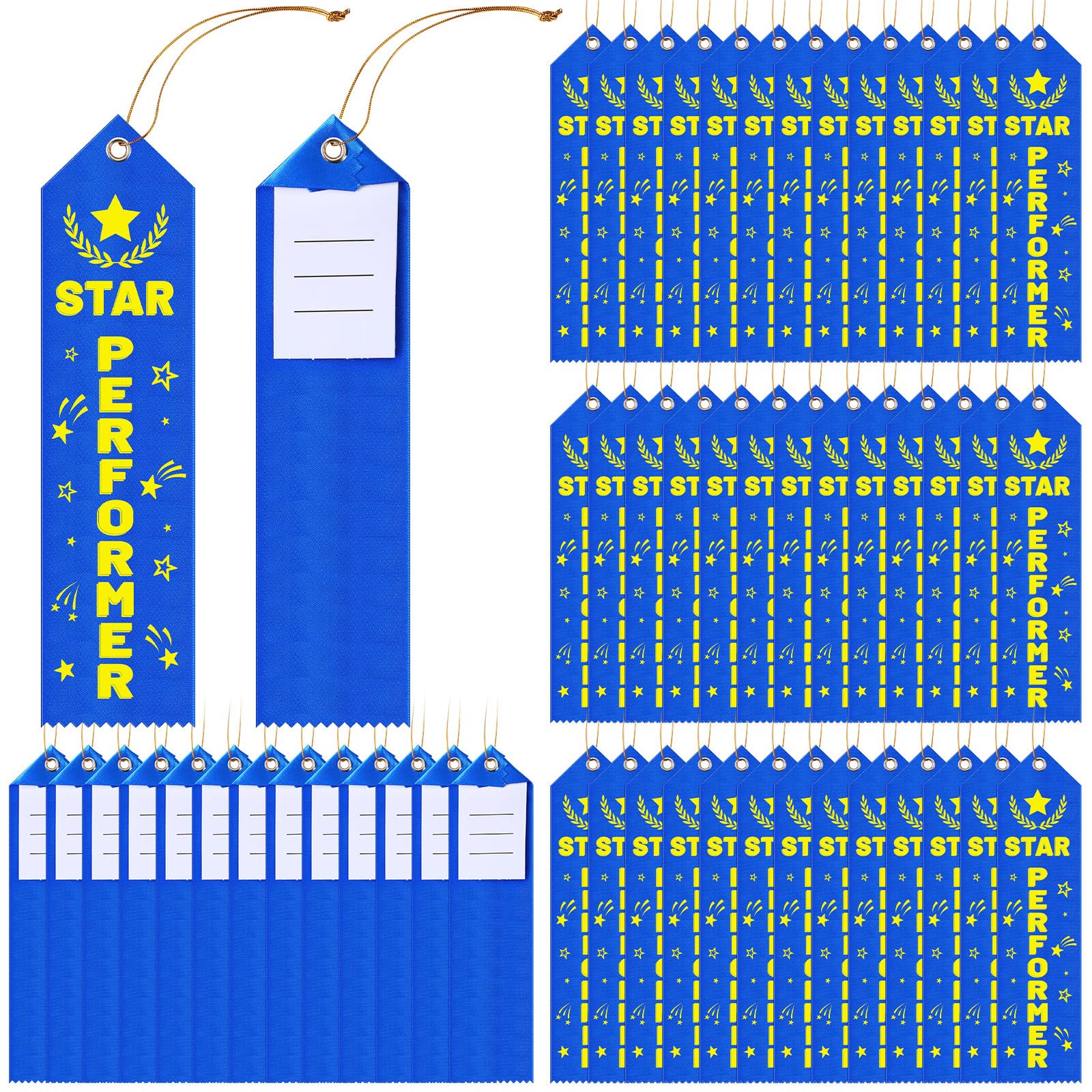 Tingjoo 50 Pcs Star Performer Ribbons 8 x 2 Inches Award Ribbons with Cards and Strings, Prize Achievement Honorable Mention for Team Competition