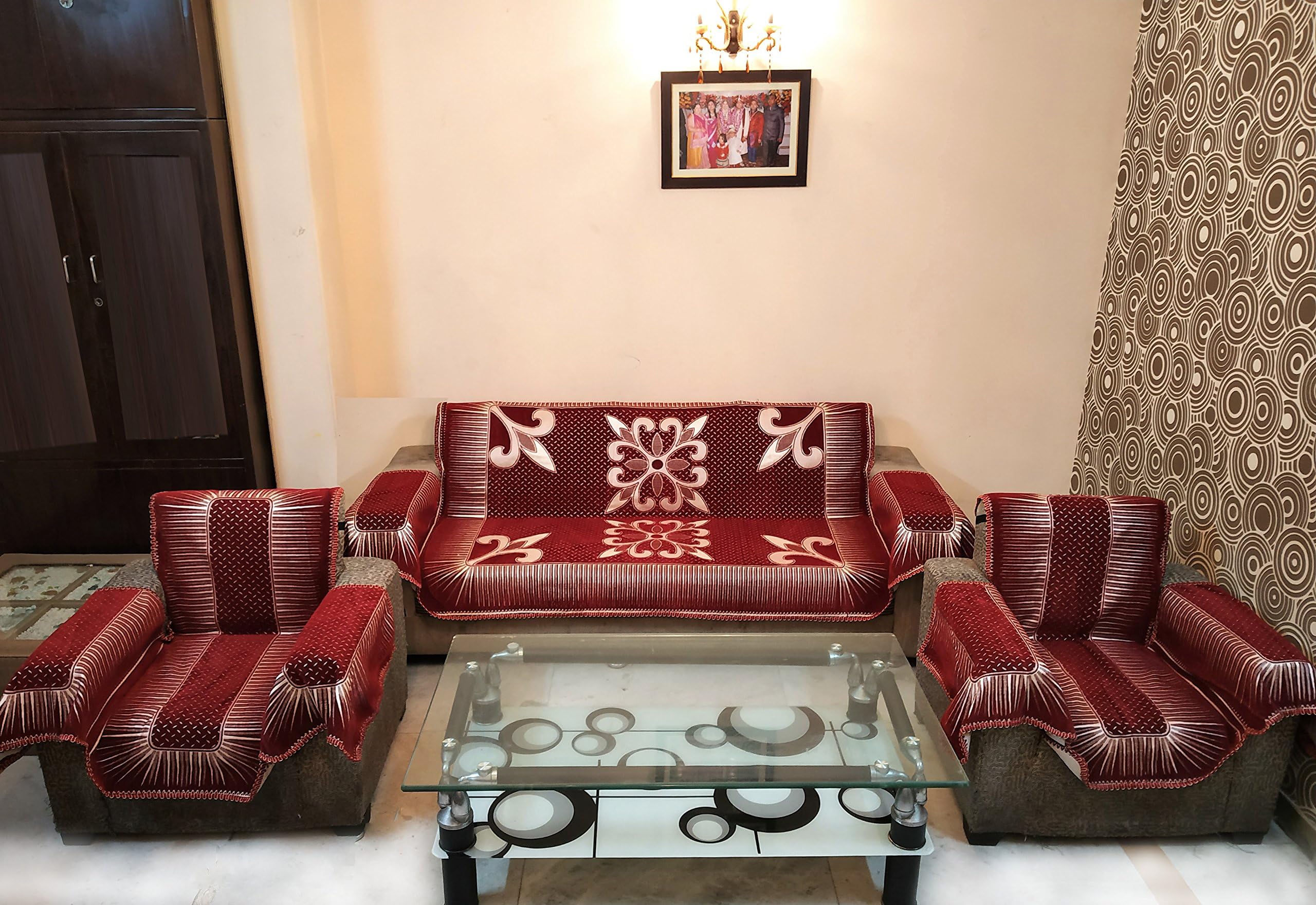 SHC Aries Maroon Sofa-Cover with Belt/Sofa Sheild with Arms (Maroon)