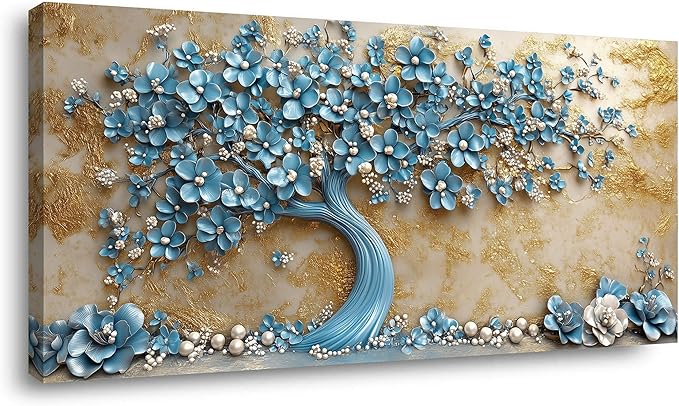 ZOMNAI Pearl Tree Wall Art for Living Room Office Navy Blue