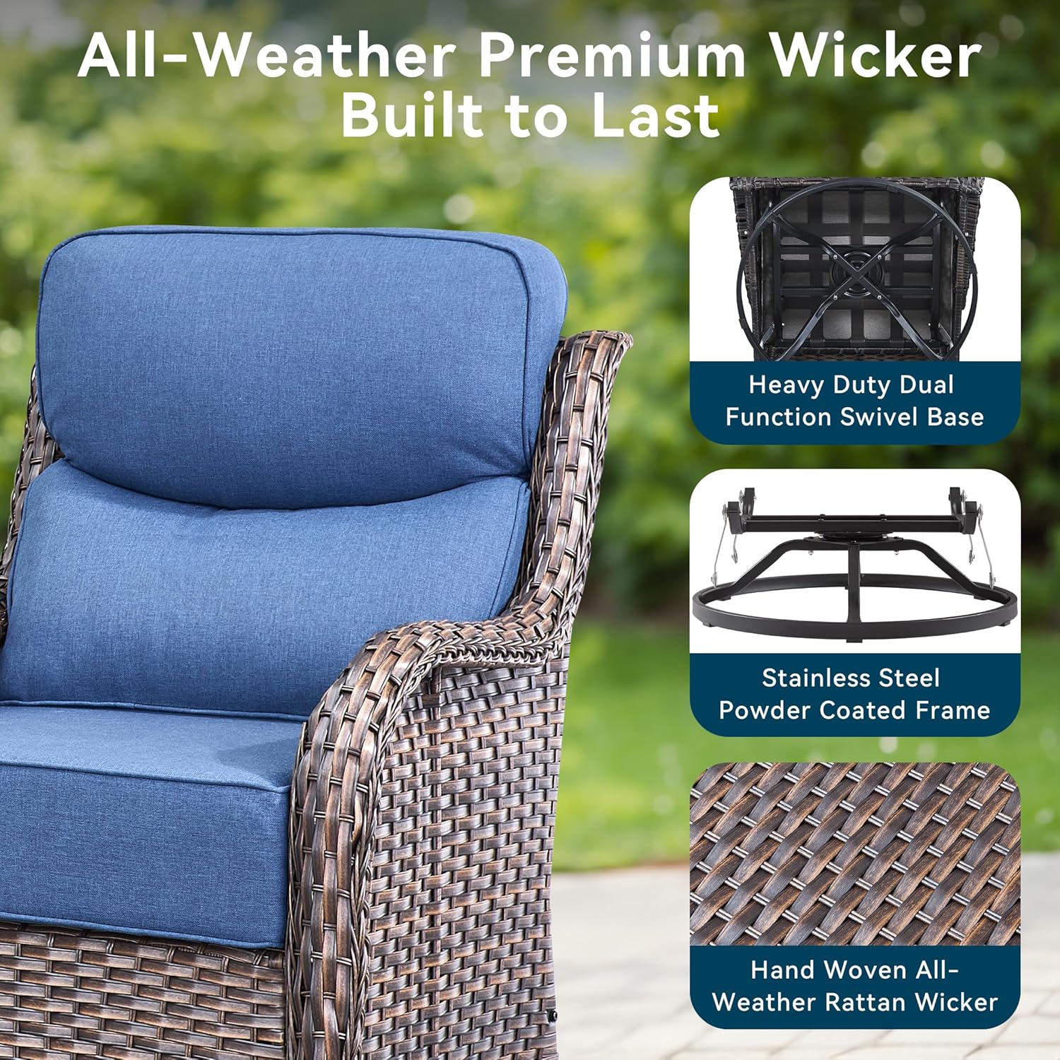 Luxury High Back Outdoor Furniture with 6-Inch Thick Cushions, Patio Furniture Set with Swivel Chairs, 4 PCS Wicker Conversation Set for Porch, Balcony, Deck and Yard