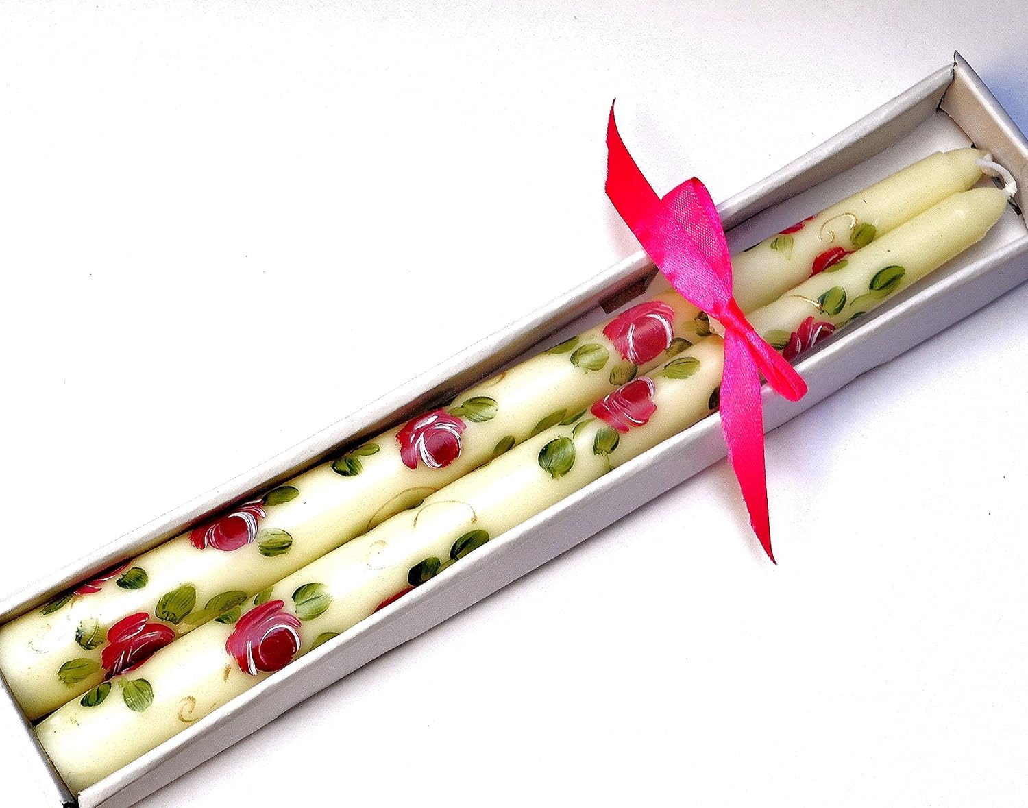 Decorative Romantic Ivory Taper Candles Set with Hand Painted Dark Pink Roses in a Gift Box Unique Gift for Women Goddess Arts Collection