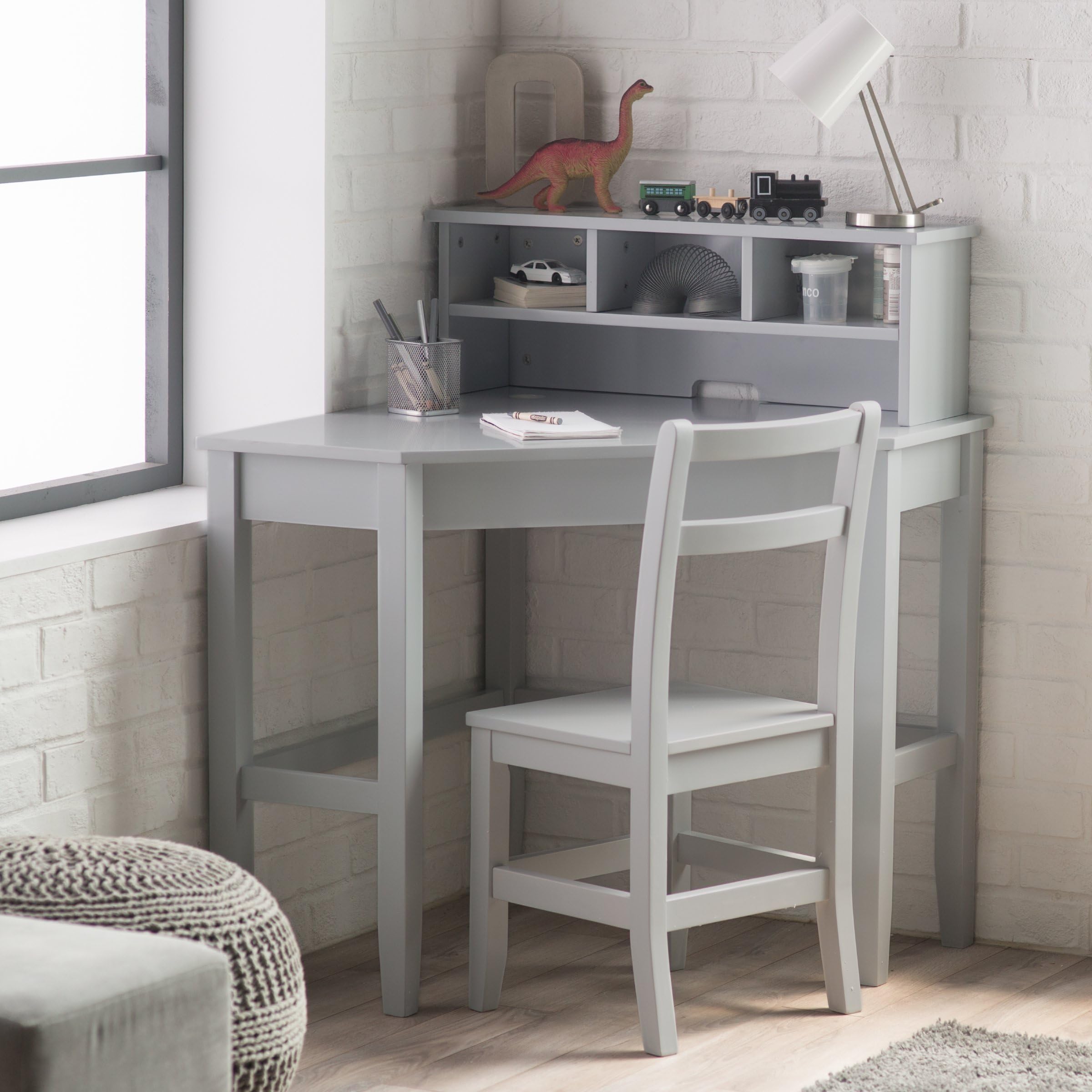 Classic Corner Desk And Reversible Hutch With Chair, Neutral Gray finish
