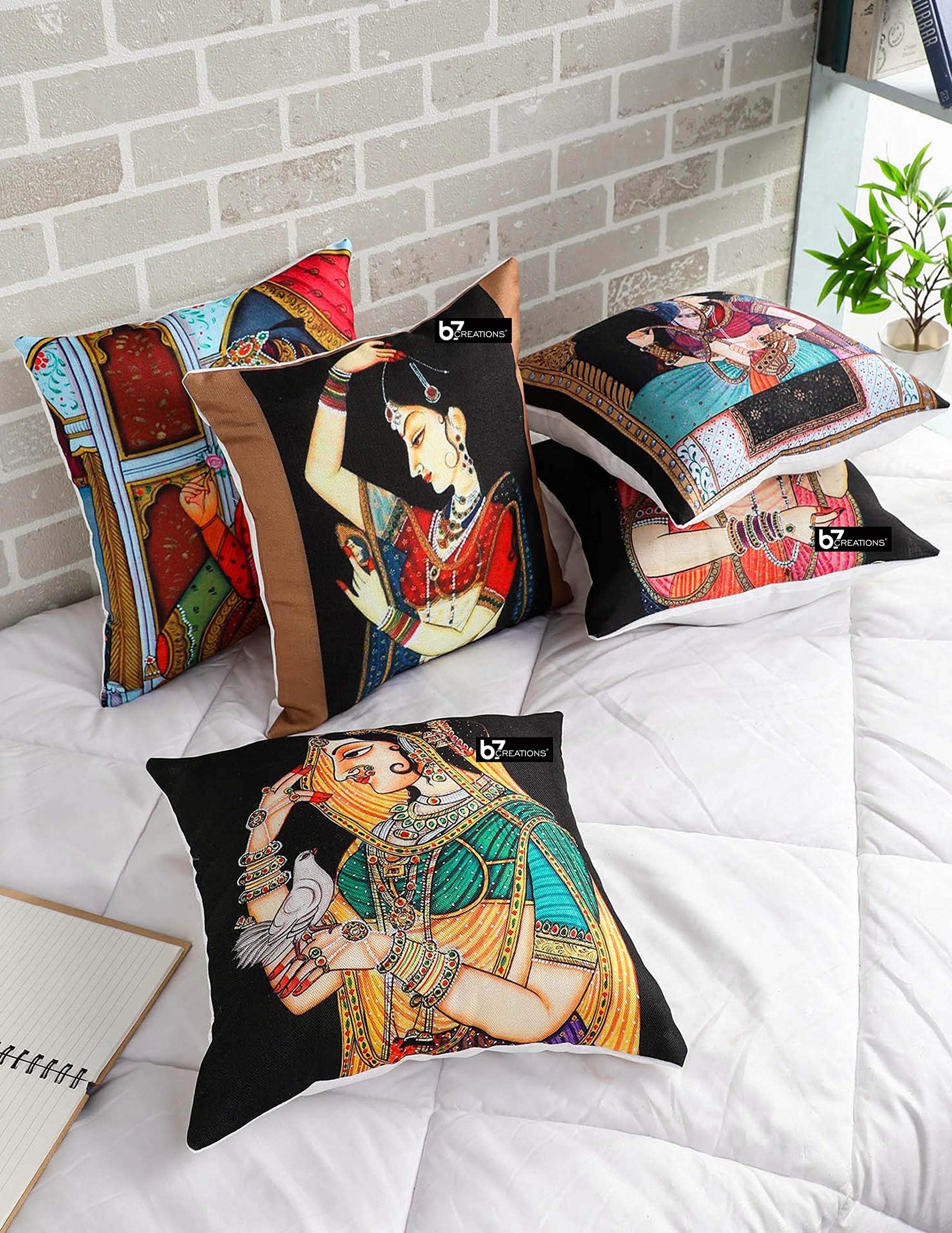 b7 CREATIONS Digital Printed Jute Cushion Cover (16x16 inches) -Set of 5