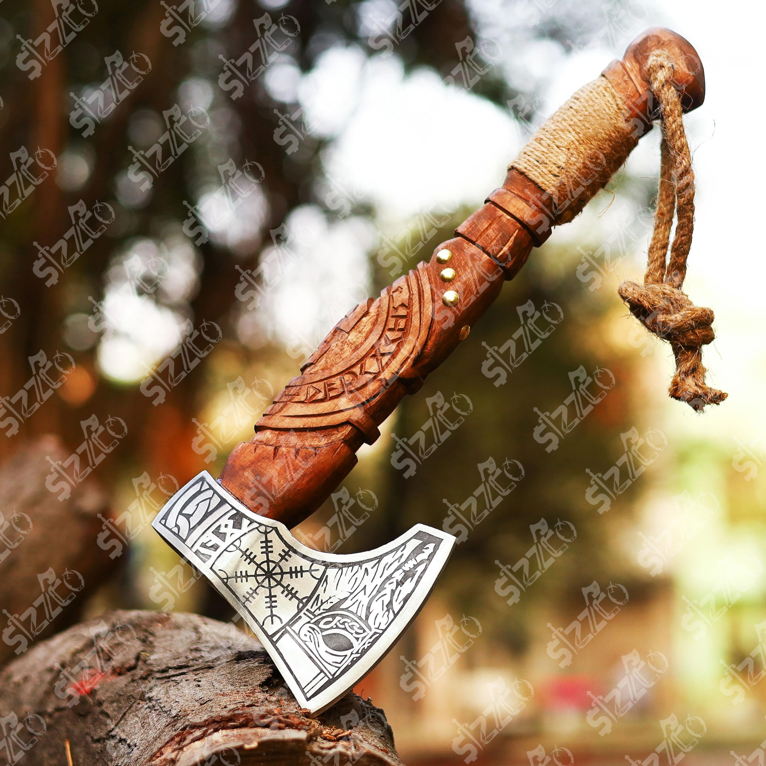 SIZZCO Custom Gift Forged Carbon Steel Viking Style Axe Bearded Axe with Rose Wood Shaft Tomahawk - Real Hatchet, Best Gift for Anniversary, Valentine's Day, Birthday, Premium Leather Sheath