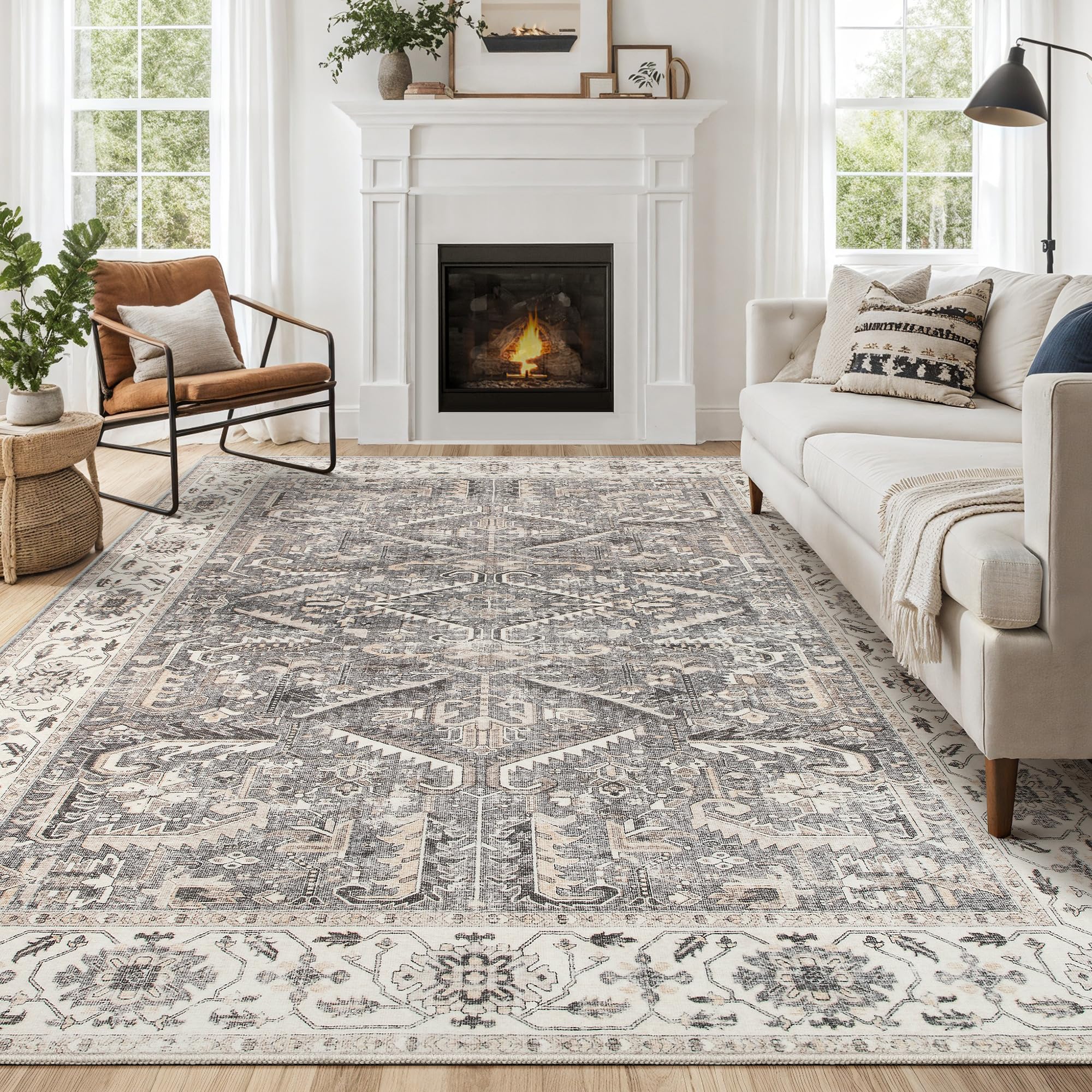 Area Rugs 8x10 for Living Room - Washable Soft Large Vintage Rug Non-Slip Stain Resistant Traditional Stain Resistant Indoor Floor Low Pile Carpet for