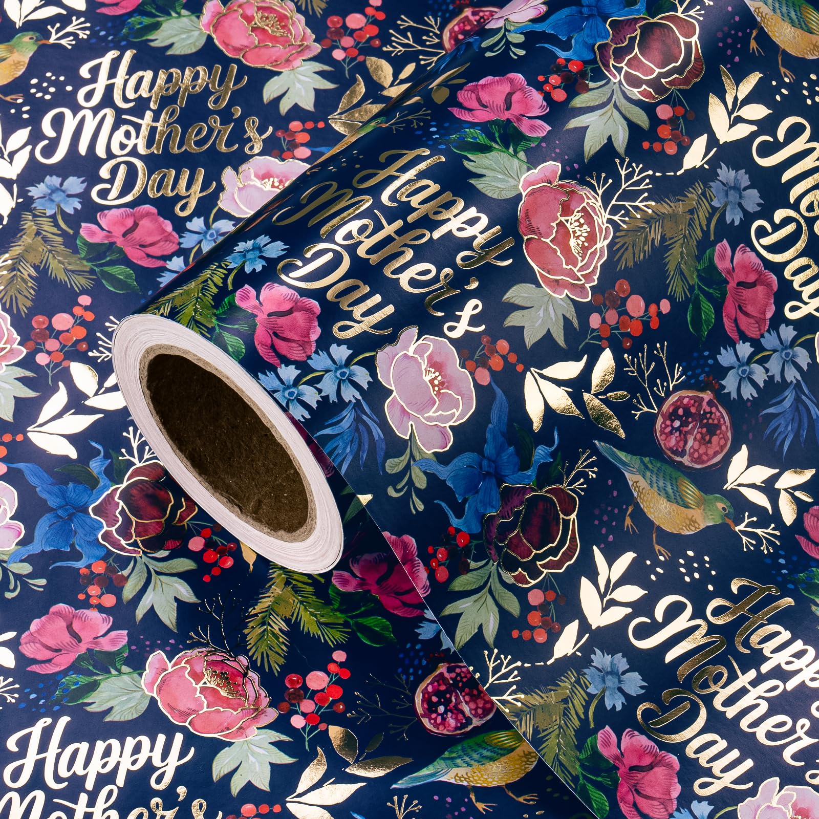 RUSPEPA Mothers Day Wrapping Paper Roll - Mini Roll - 43.2cm x 5m - Navy Gold Foil Happy Mother’s Day and Elegant Floral Wrapping Paper for Mom, Mother’s Day, Mom Birthday, Thank You Gifts