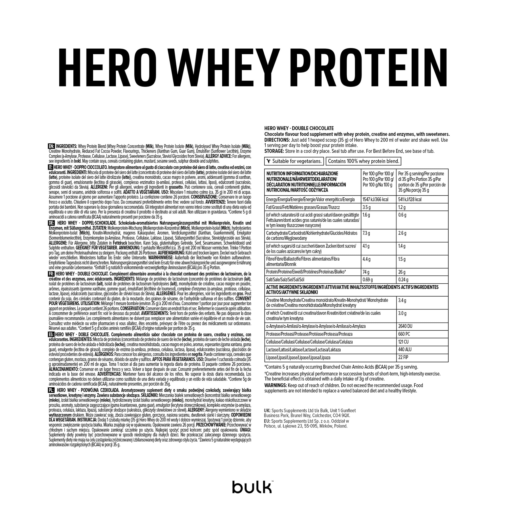 Bulk Hero Whey Protein Powder | Double Chocolate | 26 Servings | 26g Protein + 3g Creatine | 5g BCAAs | Low Sugar | Fast Absorption | Isolate, Hydrolysed & Concentrate Blend