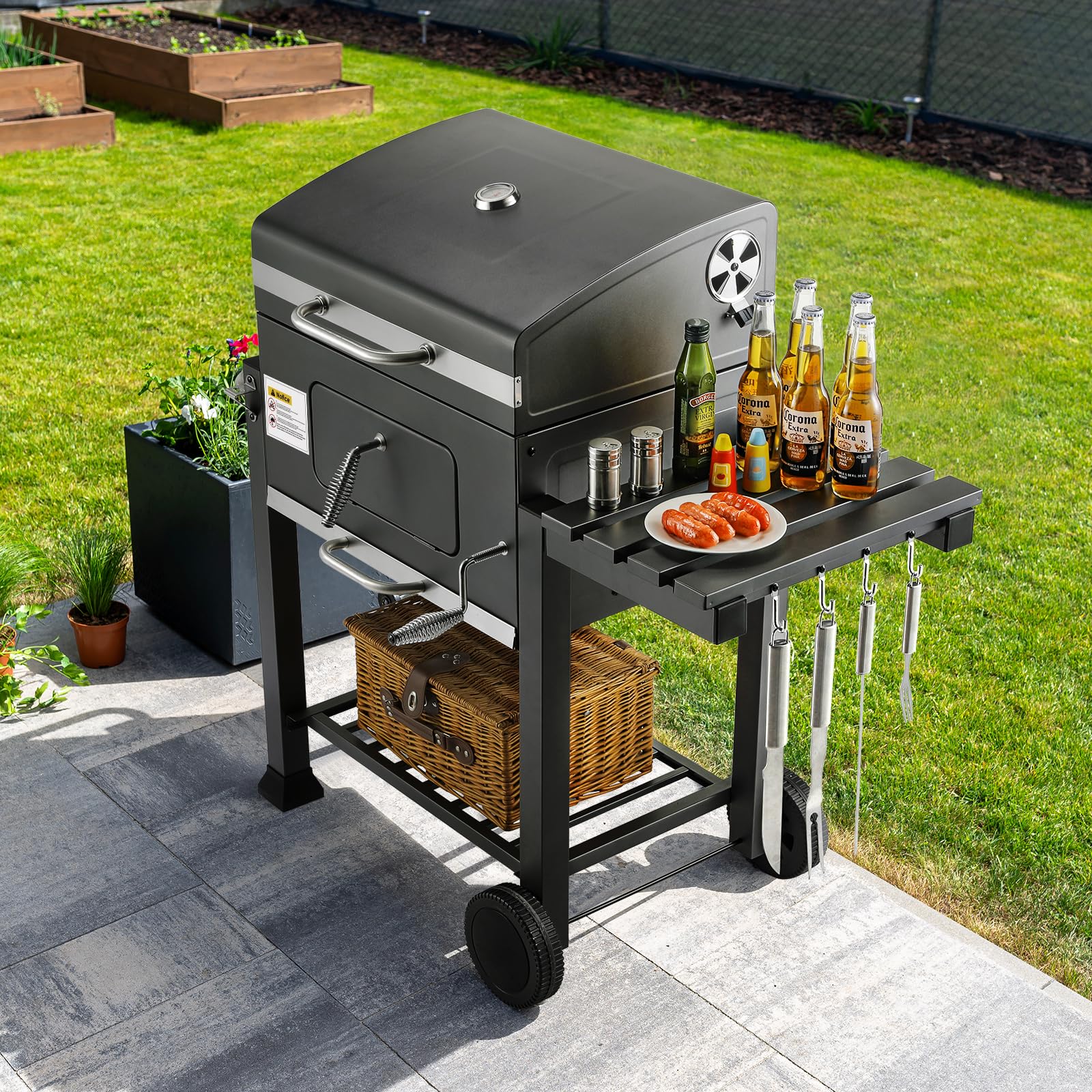 TLSUNNY Barbecue Carbonella con Coperchio, XL Barbecue a Carbone con Termometro, Ripiani Pieghevoli, Ruote, BBQ Carbonella in Giardino e all'aperto, Grande Capacità, Nero
