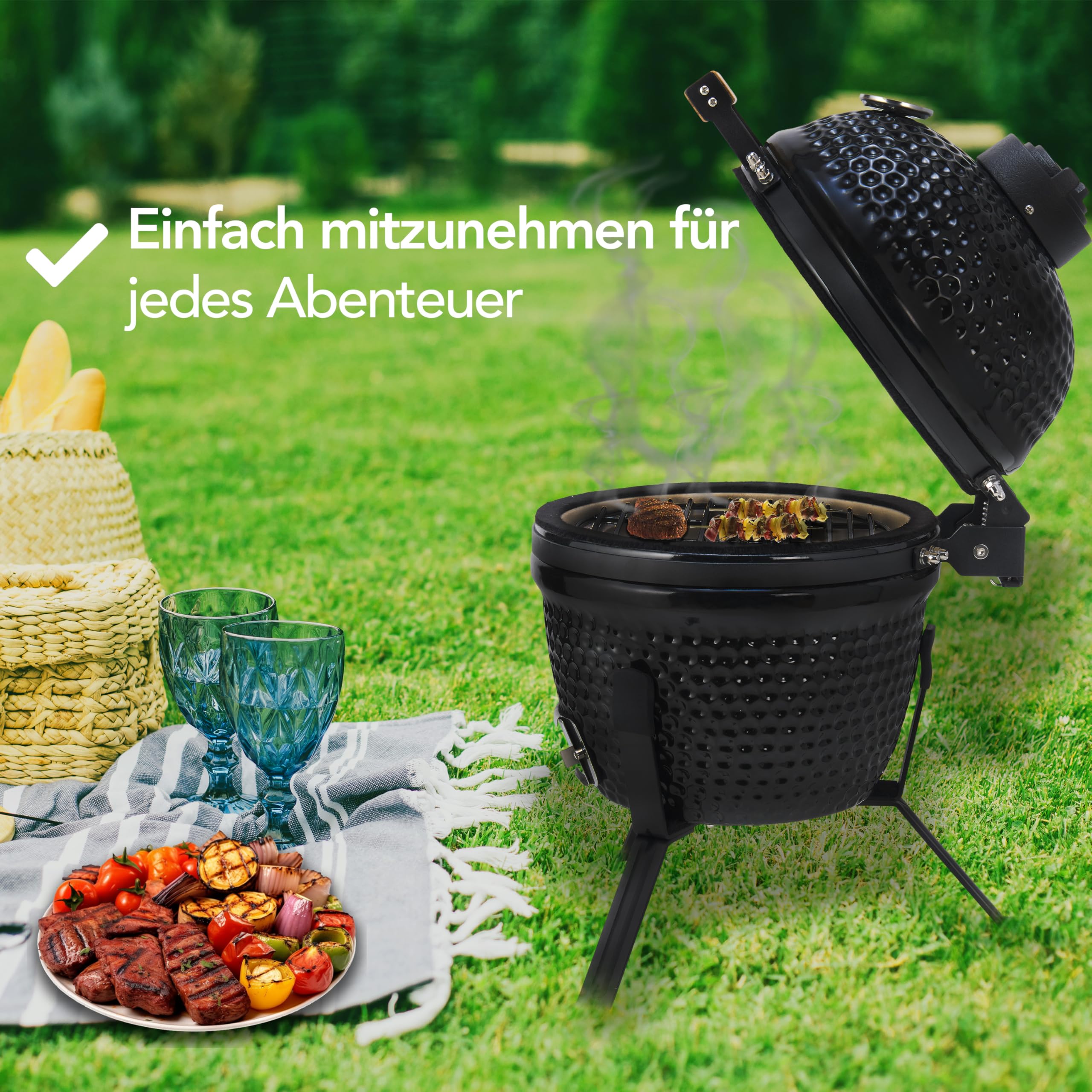 Brixy Kamado BBQ Egg Holzkohlegrill - 13 Zoll - Inklusive Hülle - Ø 27 cm - Schwarz - Mit Integriertem Thermometer