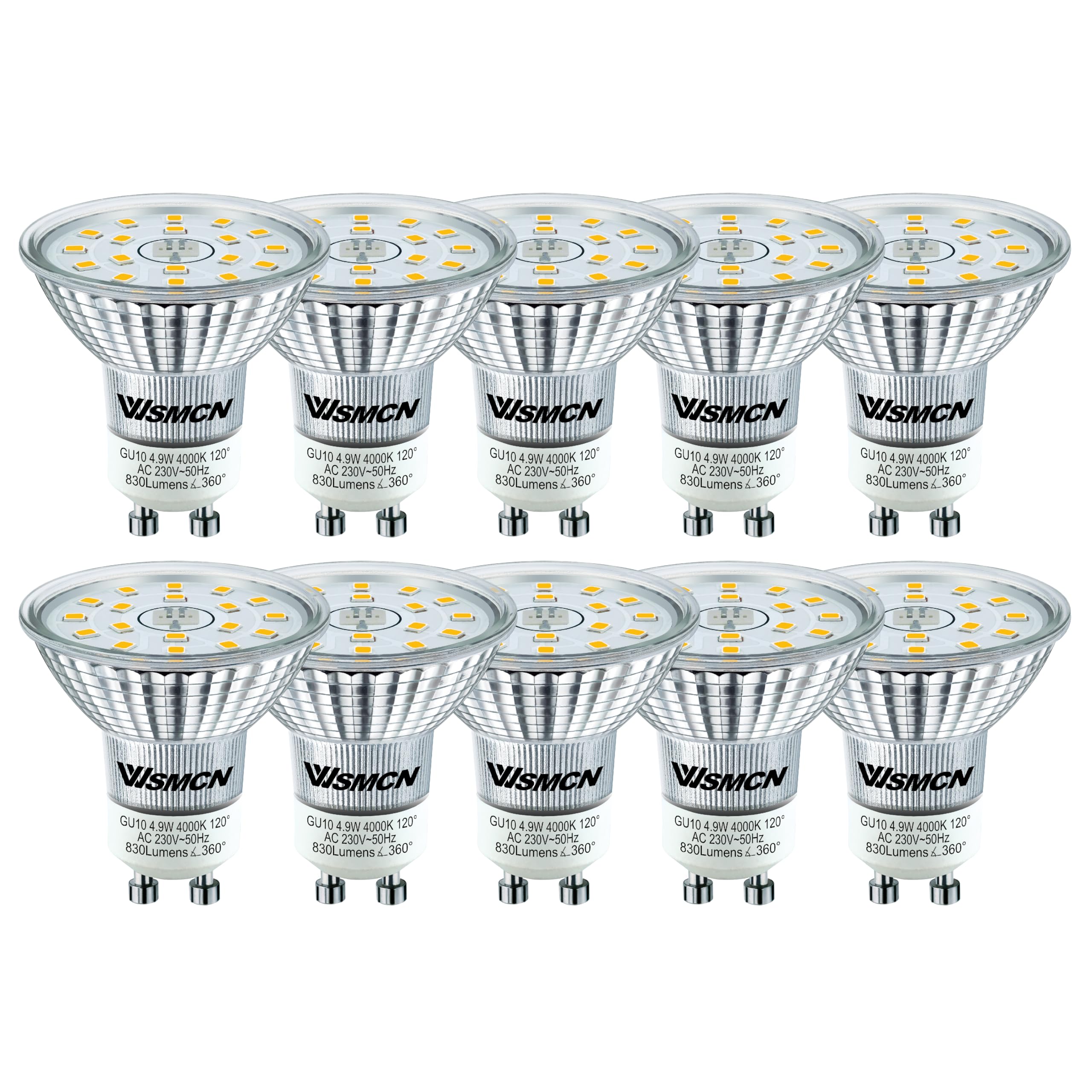 WSMCN GU10 LED Neutral White Energy Class C Bulb, 4.9W Replaces 100W Halogen Bulb, Reflector Bulb 830 Lumens 4000K, AC 230V Flicker-Free Spotlight, 120° Beam Angle, Non-Dimmable, Pack of 10