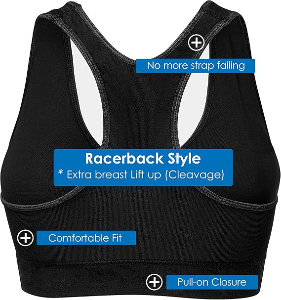 Women's Seamless Sports Bra S to 2XL Plus 2 Racerback Bras and 2 Basic 4 Pack