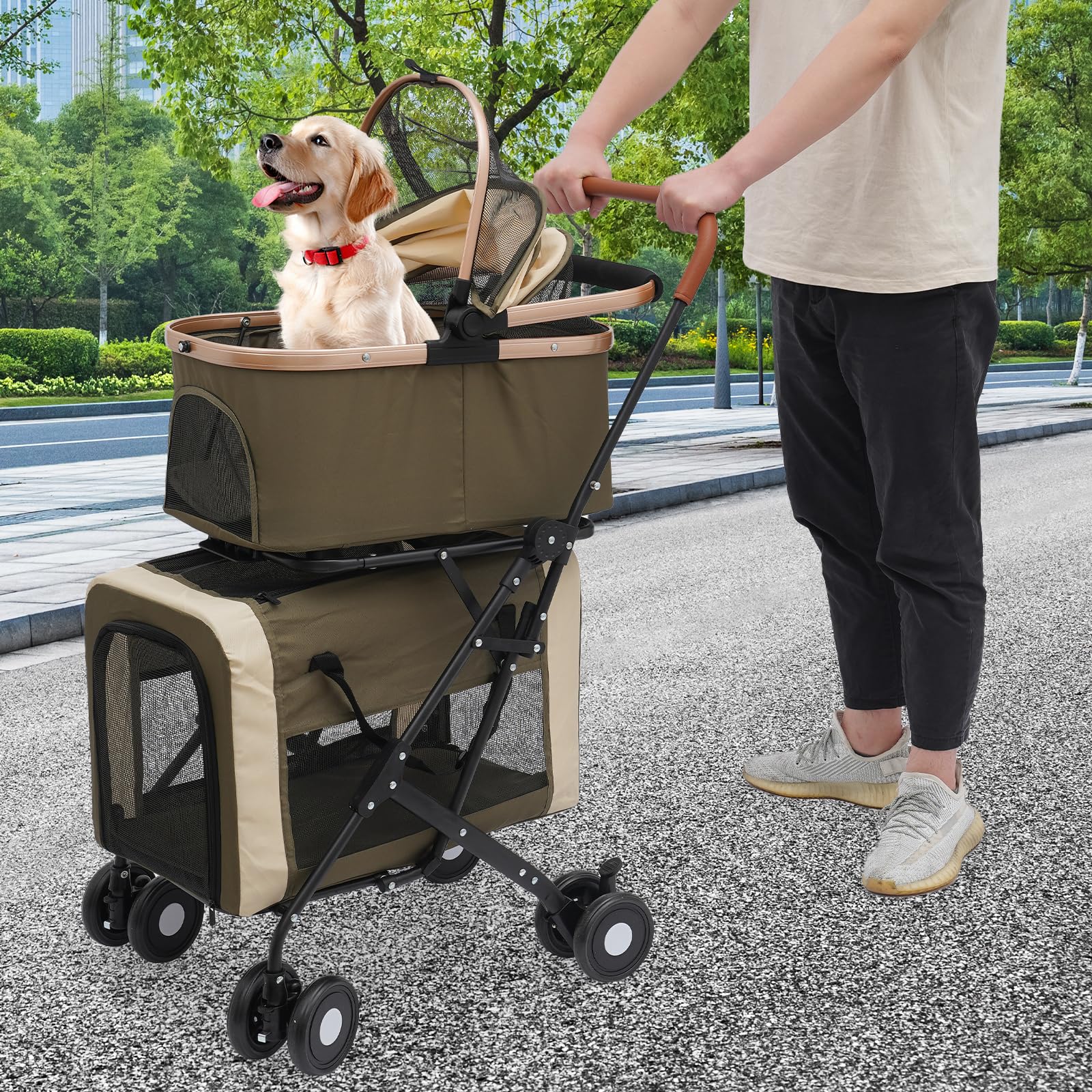 Wózek dla psów, 2 poziomy, składany, z 2 zdejmowanymi pojemnikami transportowymi, wózek dla 2 psów lub kilku kotów do 35 kg, składany wózek dziecięcy dla małych i średnich psów, 46 x 58 x 97 cm, szary