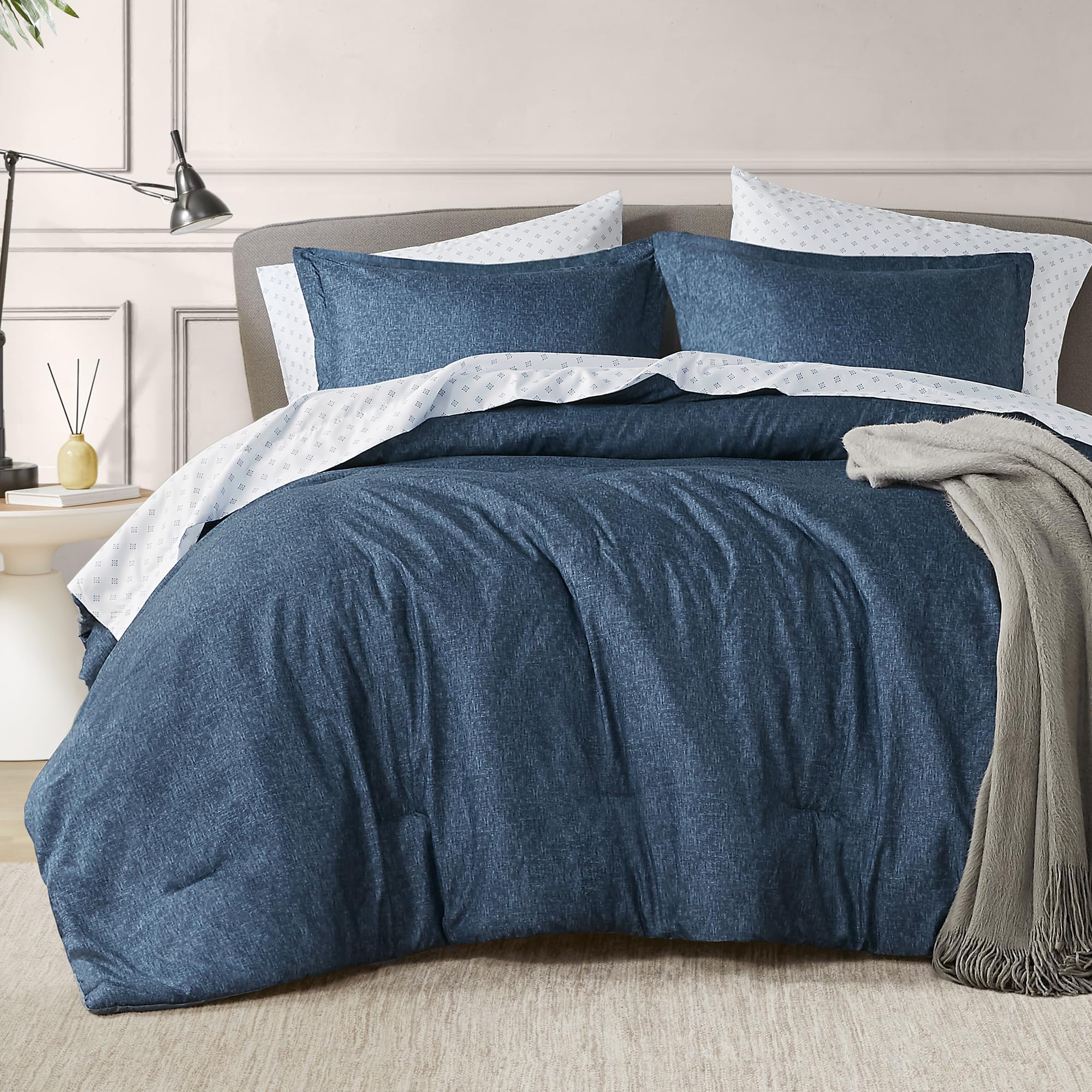Chambray King Comforter Set Blue Denim King Size Bedding Sets, 7