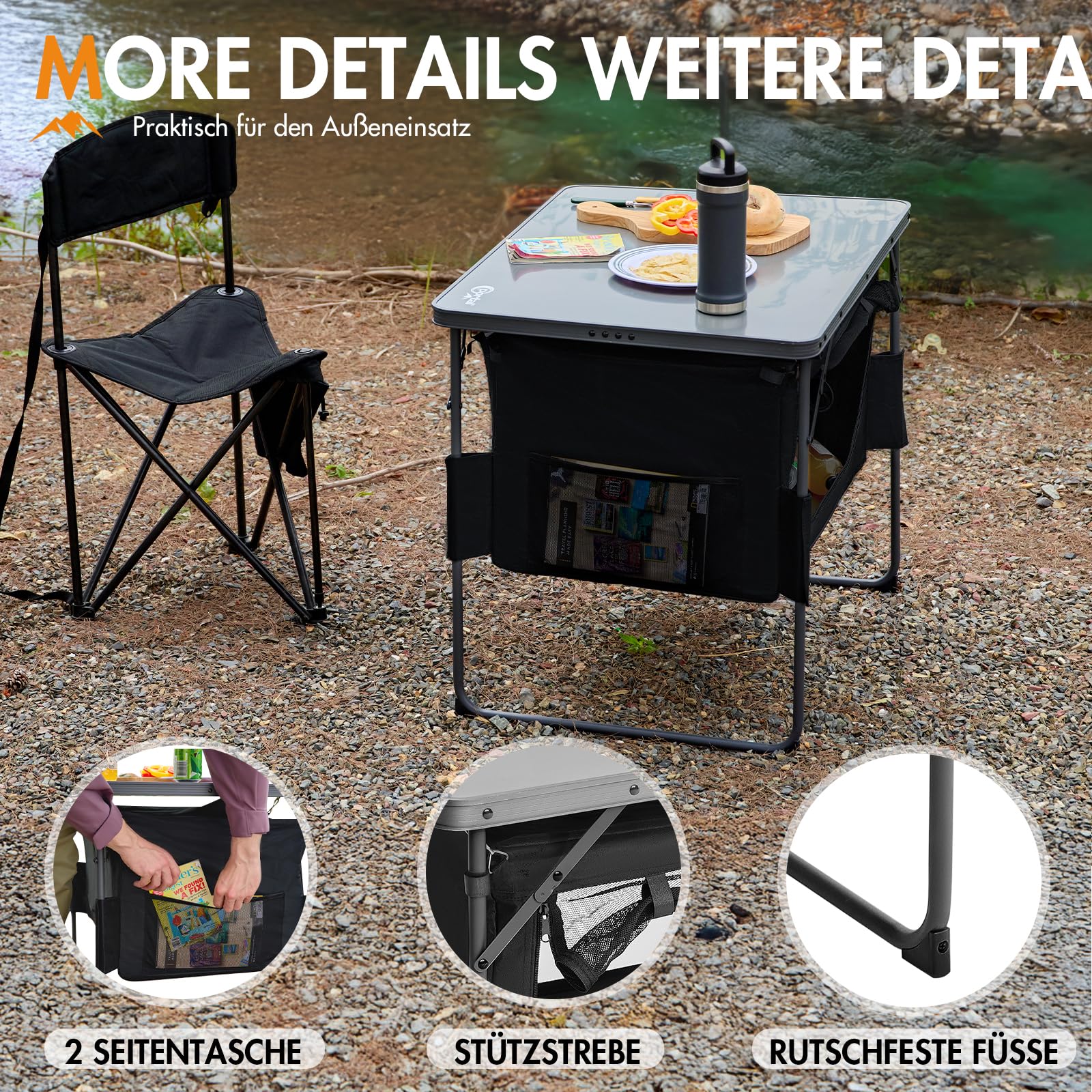 Portal Campingtisch Faltbar mit Stauraum Klapptisch klappbar Esstisch Mini Gartentisch Ultraleicht für Camping Outdoor Balkon Garten