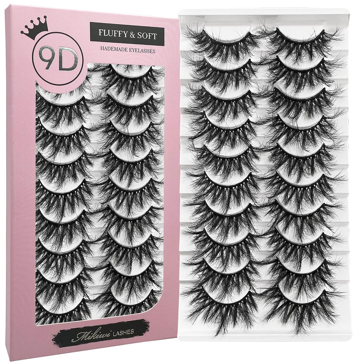 Fluffy Lashes Mikiwi Faux Mink Eyelashes, 9D Volume Fluffy Eyelashes, Faux Mink Lashes Wispy EyeLashes, Reusable Long 22mm lash Pack