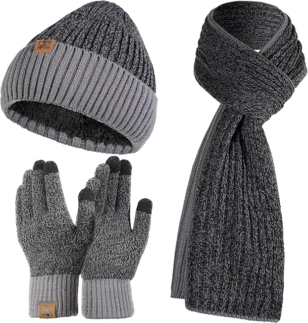 Tofern Winter Beanie Hat Scarf Touch Screen Gloves Set 3 Pieces Soft Warm Knitted Beanie Cap Neck Warmer Gloves Fleece Lined for Men and Women Outdoor Sports