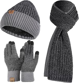 3PCS Winter Warm Knit Beanie Hat Scarf Gloves Set Men Women Fleece Lined Touch Screen Gloves Long Scarf Skull Cap