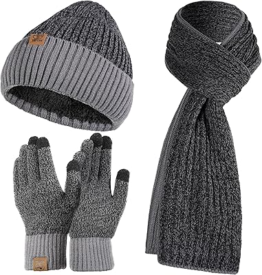 Tofern Knit Scarf Hat Gloves Set for Men Women Fleece Lined Beanie Touchscreen Glove Lang Scarf Winter Warm Accessories