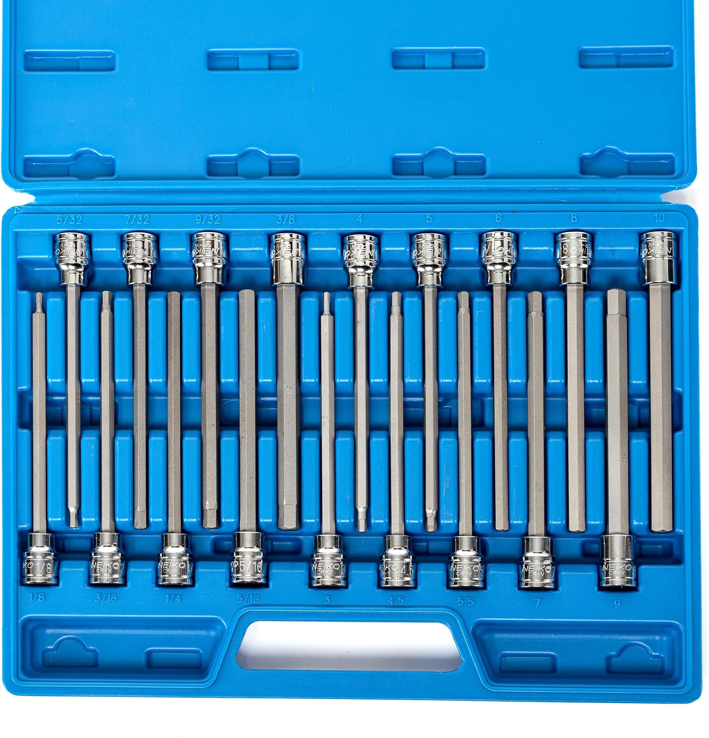 NEIKO 10079A Extra Long Allen Hex Bit Socket Set, 18 Piece SAE and Metric Allen Socket Set, 3/8 Drive, 1/8" – 3/8 Inch & 3mm – 10mm, 6” Long Allen Hex Socket Bit Set, Allen Head Hex Key Socket Set …