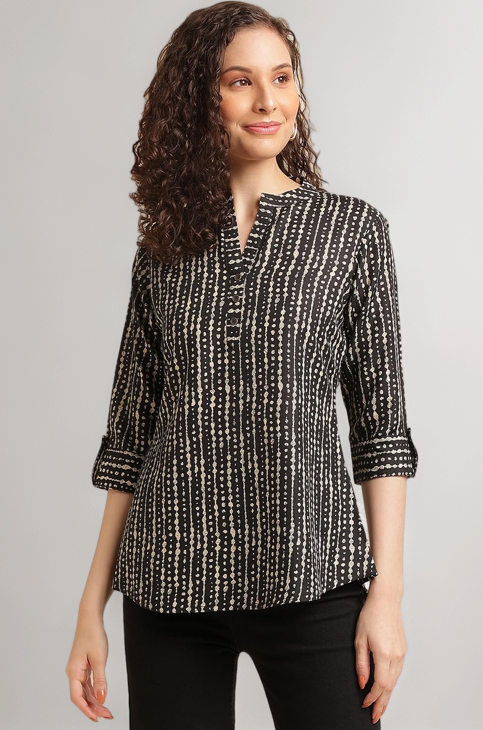 NAINVISH Tops for Women Printed Regular Fit Shirt, Tops for Women Stylish Latest|Office Wear Tops for Women|Cotton Blend Tops for Women|Mandarin Collar Top