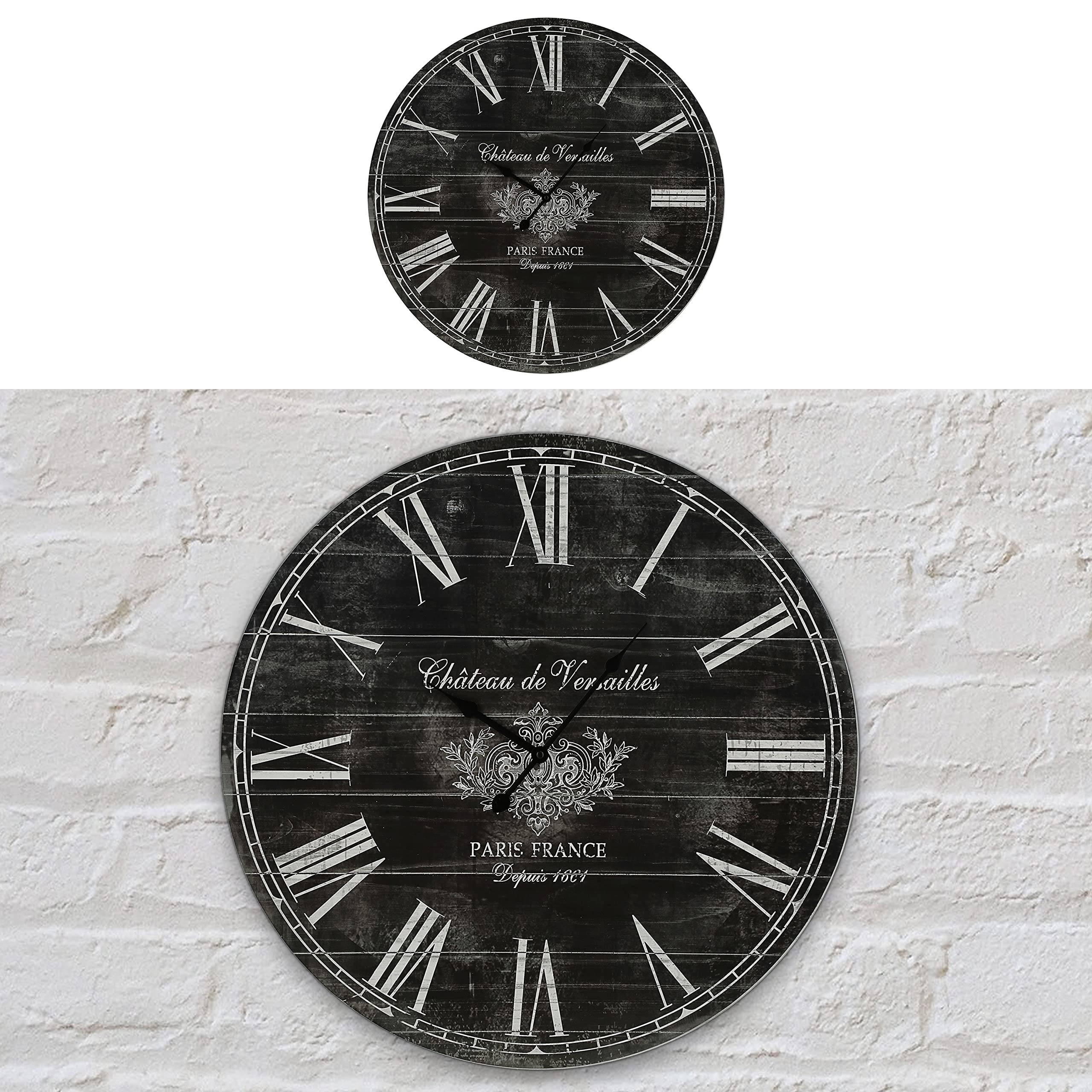 Horloge murale XL vintage - Diamètre : 60 cm - En MDF - Fonctionne avec piles - Montre design shabby chic (1 horloge murale XL noir)