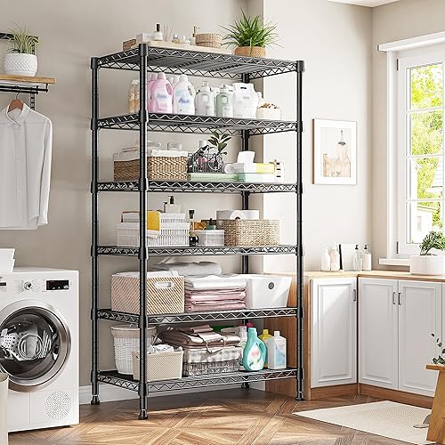 Miniatura 7 de REIBII Estantería de metal de 6 niveles, estantes de alambre resistente, estantes de despensa profundos ajustables con carga de 800 libras, estantes