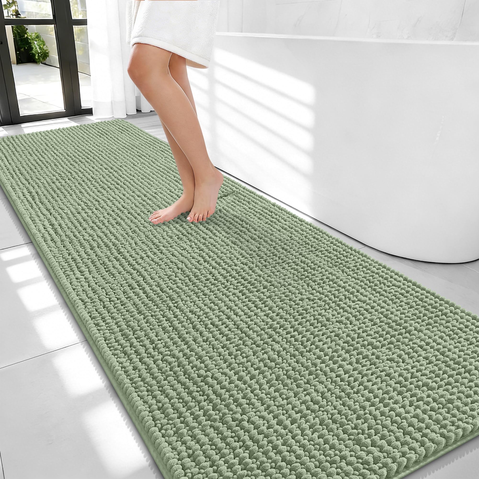 OLANLY Thick Chenille Bathroom Runner Rugs Mats 70x24, Sage Green