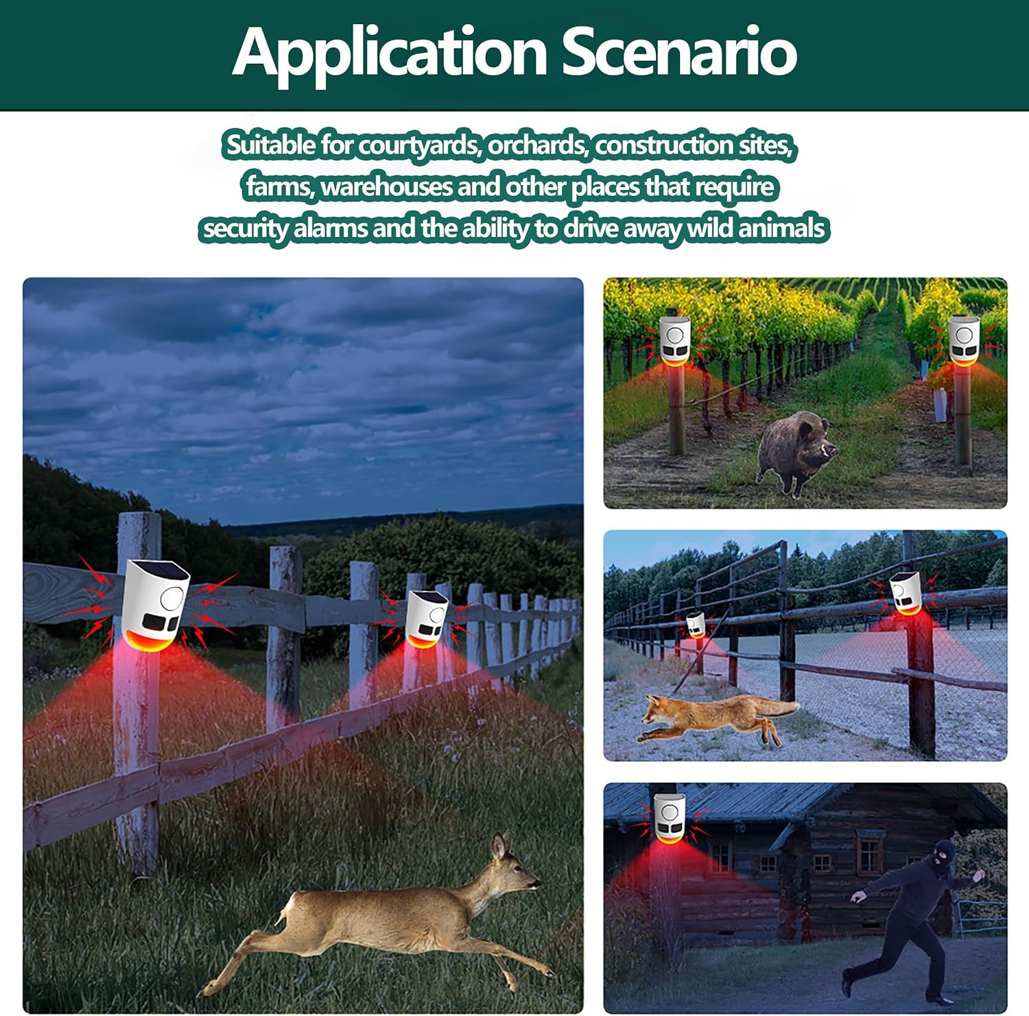 Application scenarios for the solar alarm: courtyards, orchards, construction sites, farms, warehouses