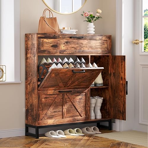 Vista 17 de Armario de almacenamiento para zapatos para entrada delgado y estrecho con 2 cajones abatibles, armario organizador de zapatos oculto de granja