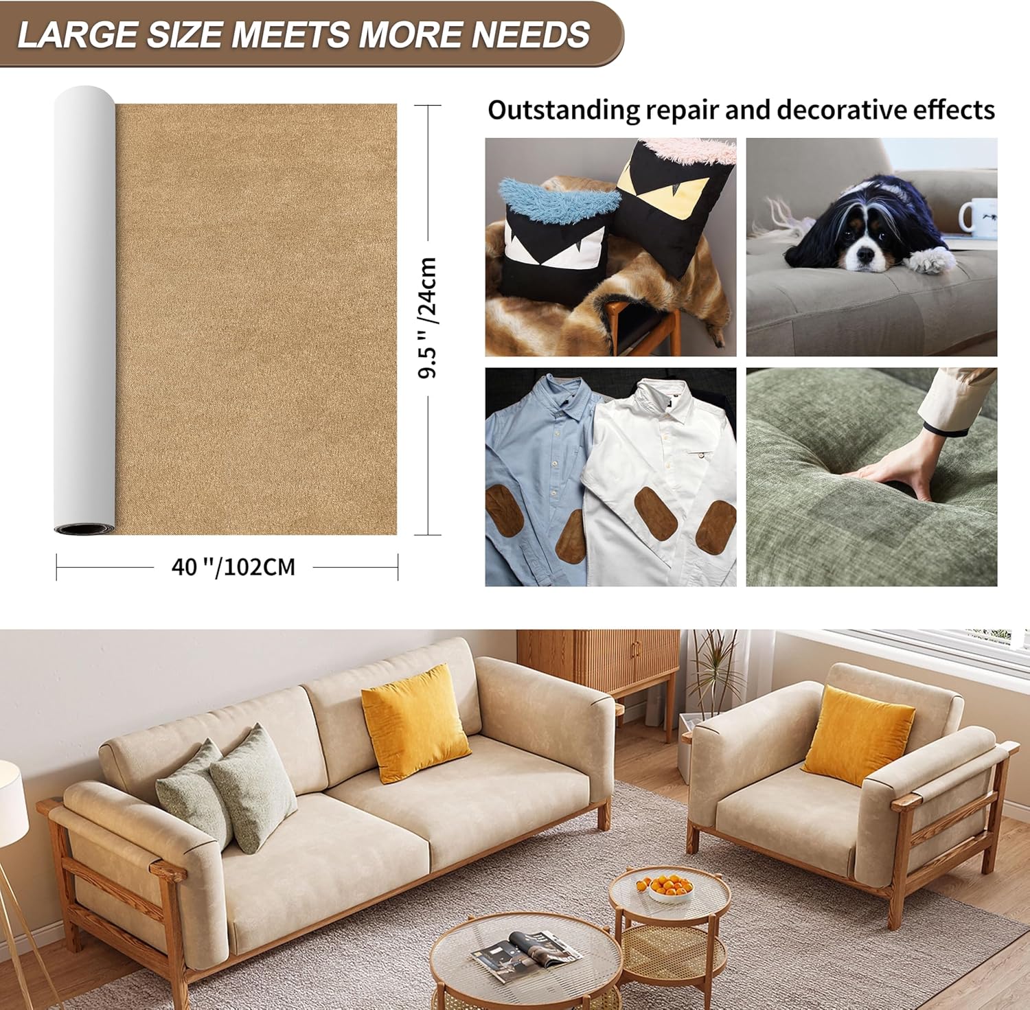 Velvet Repair Patch, Self-Adhesive Flannel Fabric Patch, Multi Colors, Microfiber Patch?Can be Used to Patch Sofas, Car Seats, Handbags, Jacket Holes and Tears (Beige) 9.5" x 40"-1 PCS Beige