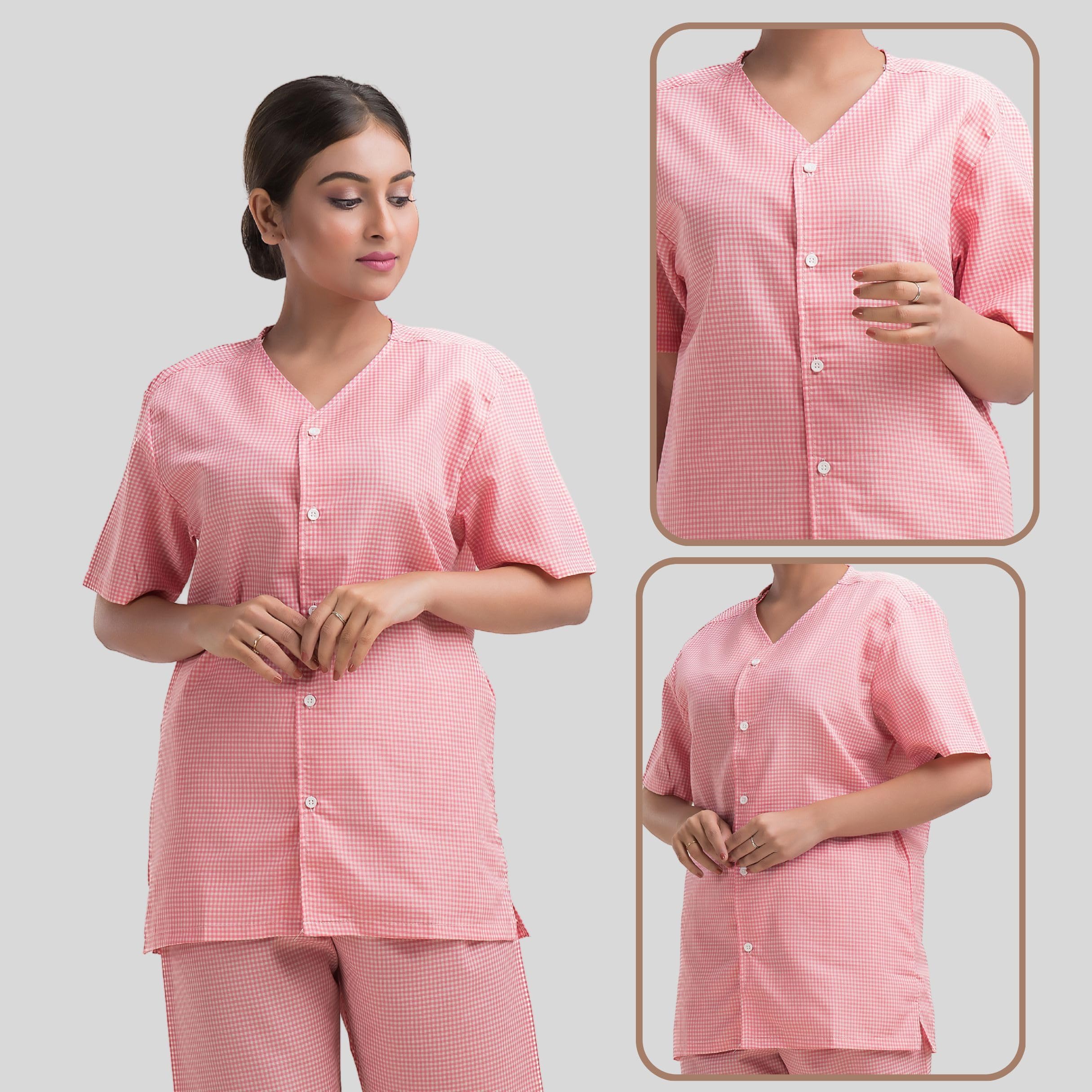 HOSPRIQS Unisex Reusable Poly Cotton Patient Dress Shirt & Pant | Checks, Ideal For Patients | (Pink, XX-Large) - Image 2 thumbnail