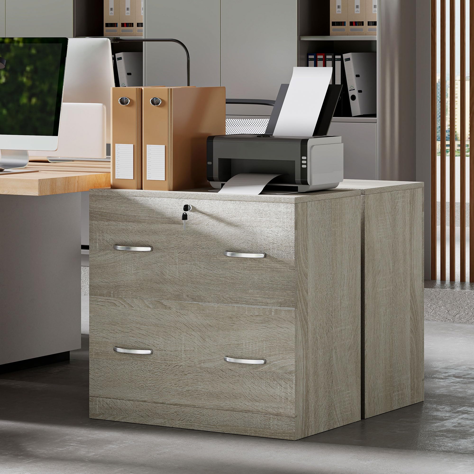 Vinsetto Commode de bureau avec 2 tiroirs avec guides pour dossiers suspendus pour serrure A4 et 2 clés pour studio salon 74 x 42 x 72 cm Naturel