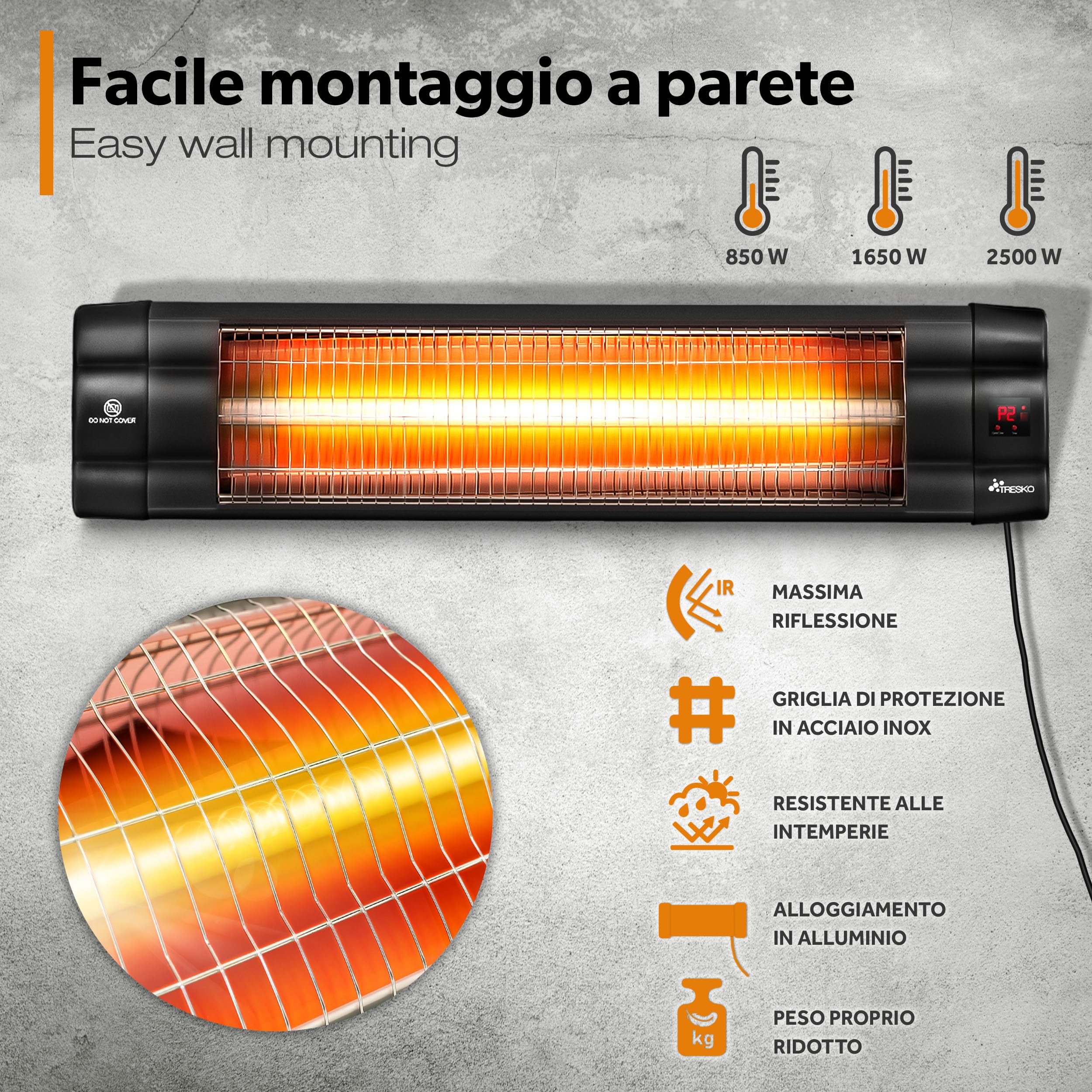 TRESKO Riscaldatore ad Infrarossi 2500W Telecomando 3 Livelli Calore Stufa Elettrica Esterno