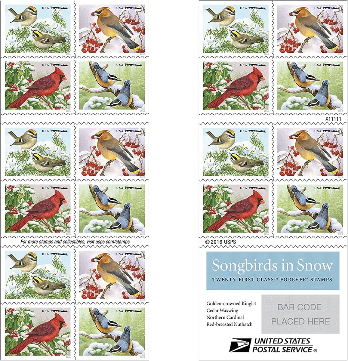 Sellos postales de primera clase de Songbirds in Snow Forever (20 sellos) - Servicio Postal de los Estados Unidos