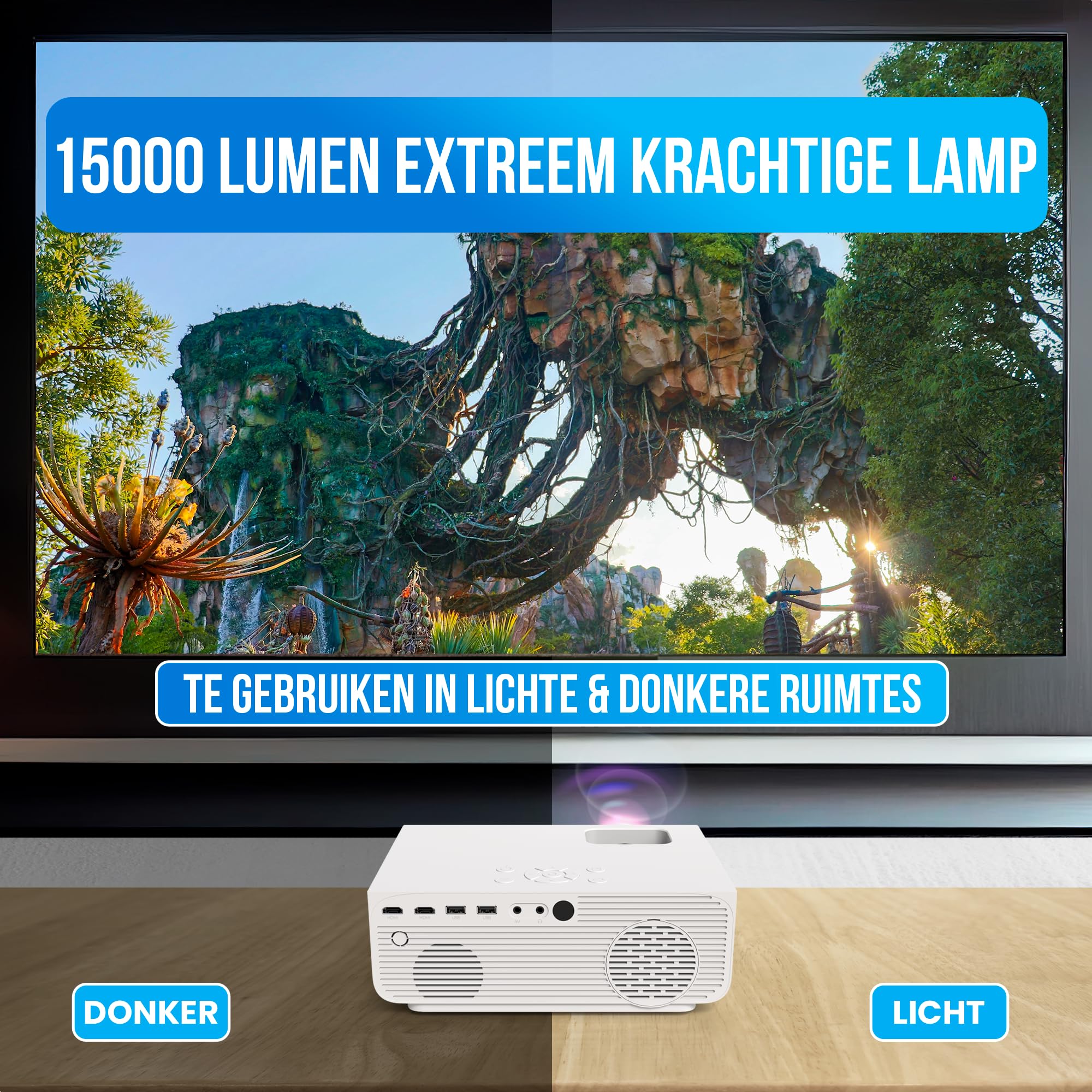 Strex Proiettore - 1080P Full HD - 15000 Lumen - Streaming Wireless - Include Borsa/Schermo di proiezione - WiFi - Bluetooth - Mini proiettore - Proiettore