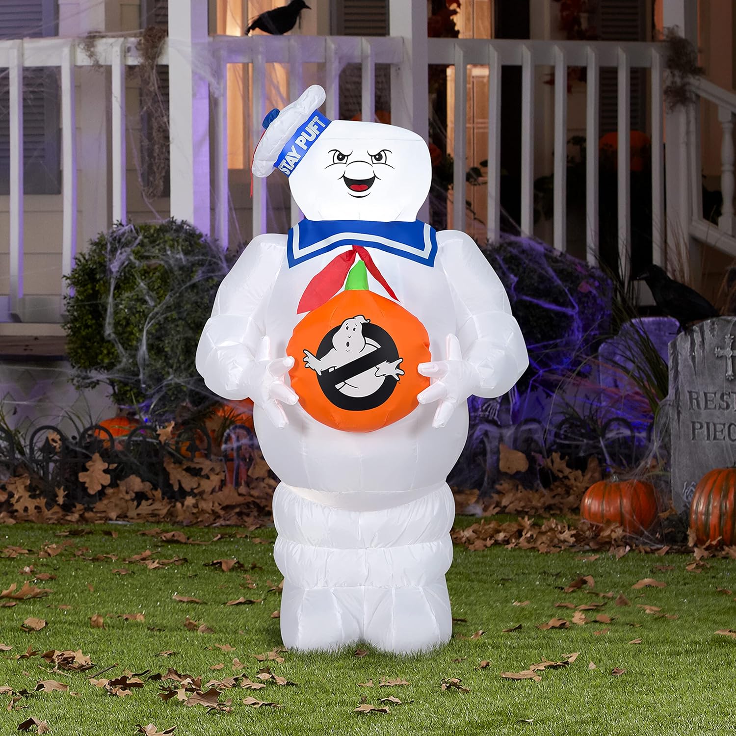 Gemmy Stay Puft Halloween Inflatable, 3.5 Ft Tall Lighted Ghostbusters Yard Decoration, Outdoor Decor with Stakes and Tethers