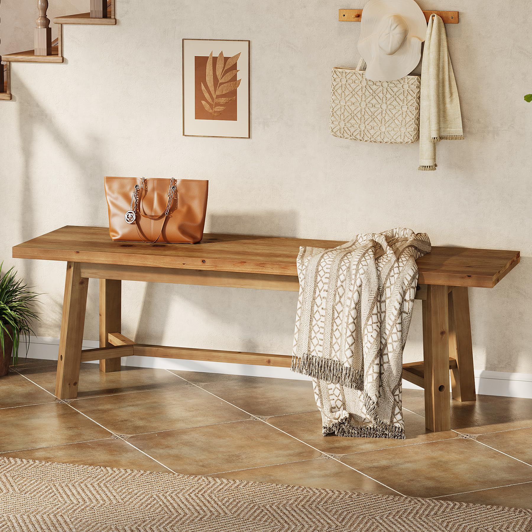 55" Solid Wood Bench, Farmhouse Bench Seat for Entryway | 55" L x 13.8" D Dining Bench, 400 Lb Capacity, Wooden Bench for Dining Room, Bedroom, End of Bed Bench, Easy Assembly, Wood