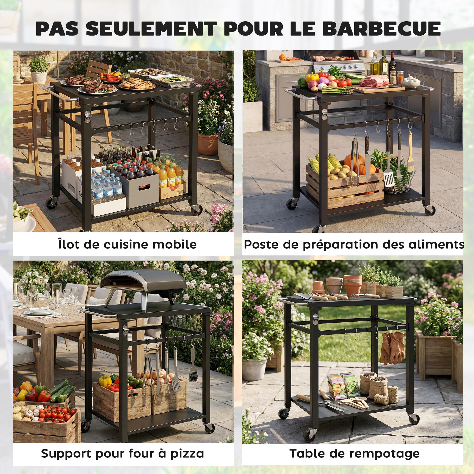 Outsunny Desserte Jardin Chariot de Barbecue sur roulettes îlot de Cuisine en métal avec Crochets, 2 poignées, roulettes verrouillables, étagère, 90,5 x 55 x 88 cm, Noir