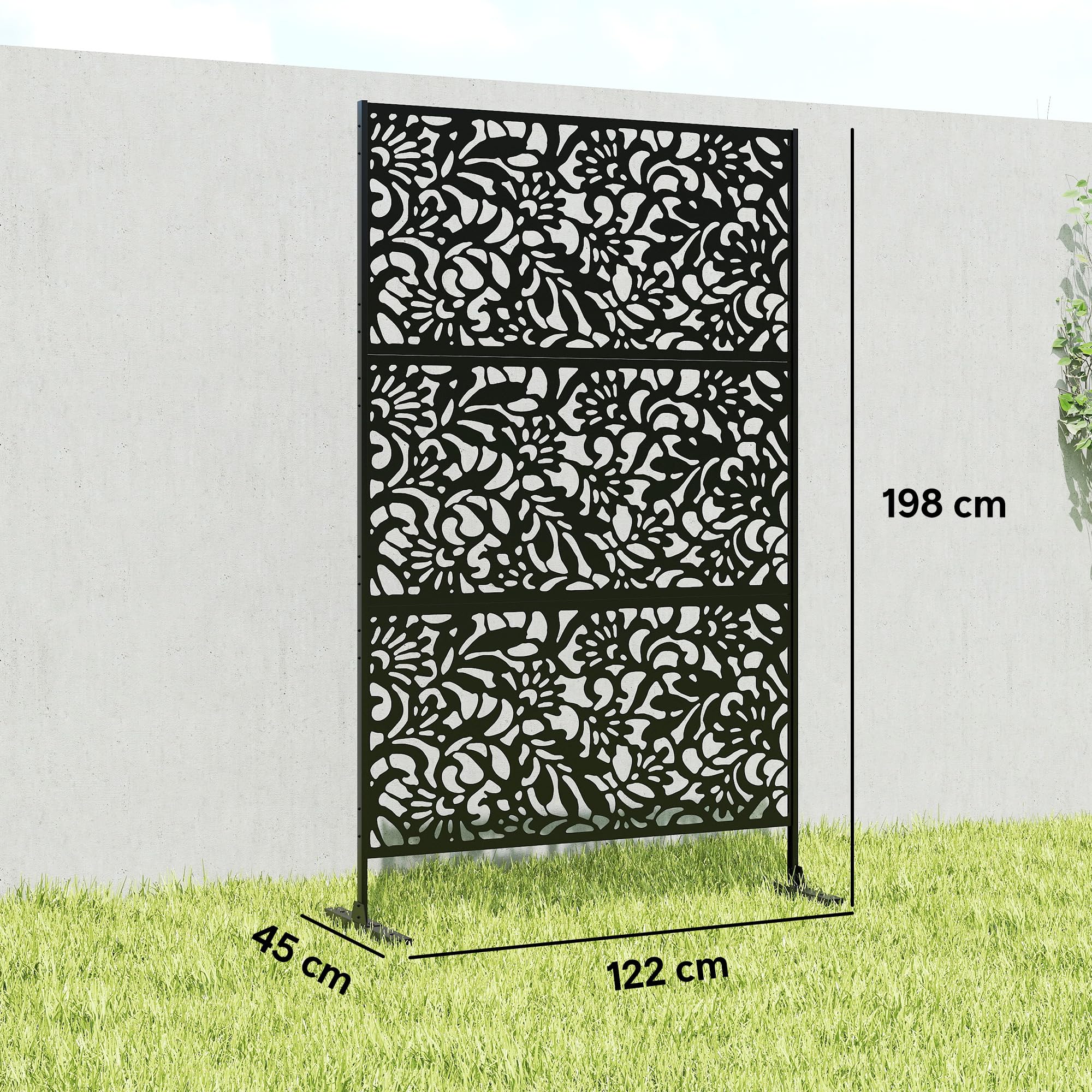Outsunny Panneau Brise Vue décoratif Extérieur 122 x 45 x 198 cm Noir | Claustra Décoratif Jardin, 3 Panneaux à Motif Floral, Paravent Extérieur, Support en Acier Galvanisé